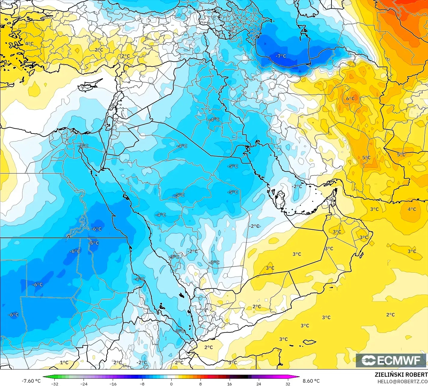 ECMWF IFS 0.25° model - Orta Doğu, 850 hPa Sıcaklık Anomalisi