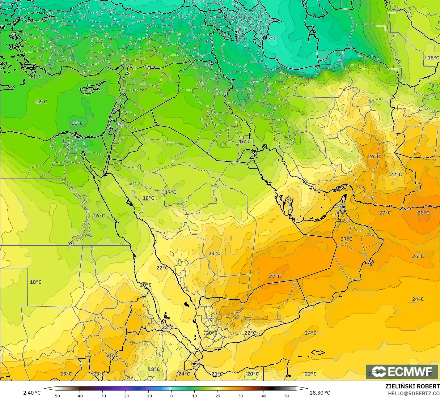 ECMWF IFS 0.25° model - Orta Doğu, 850 hPa Sıcaklık