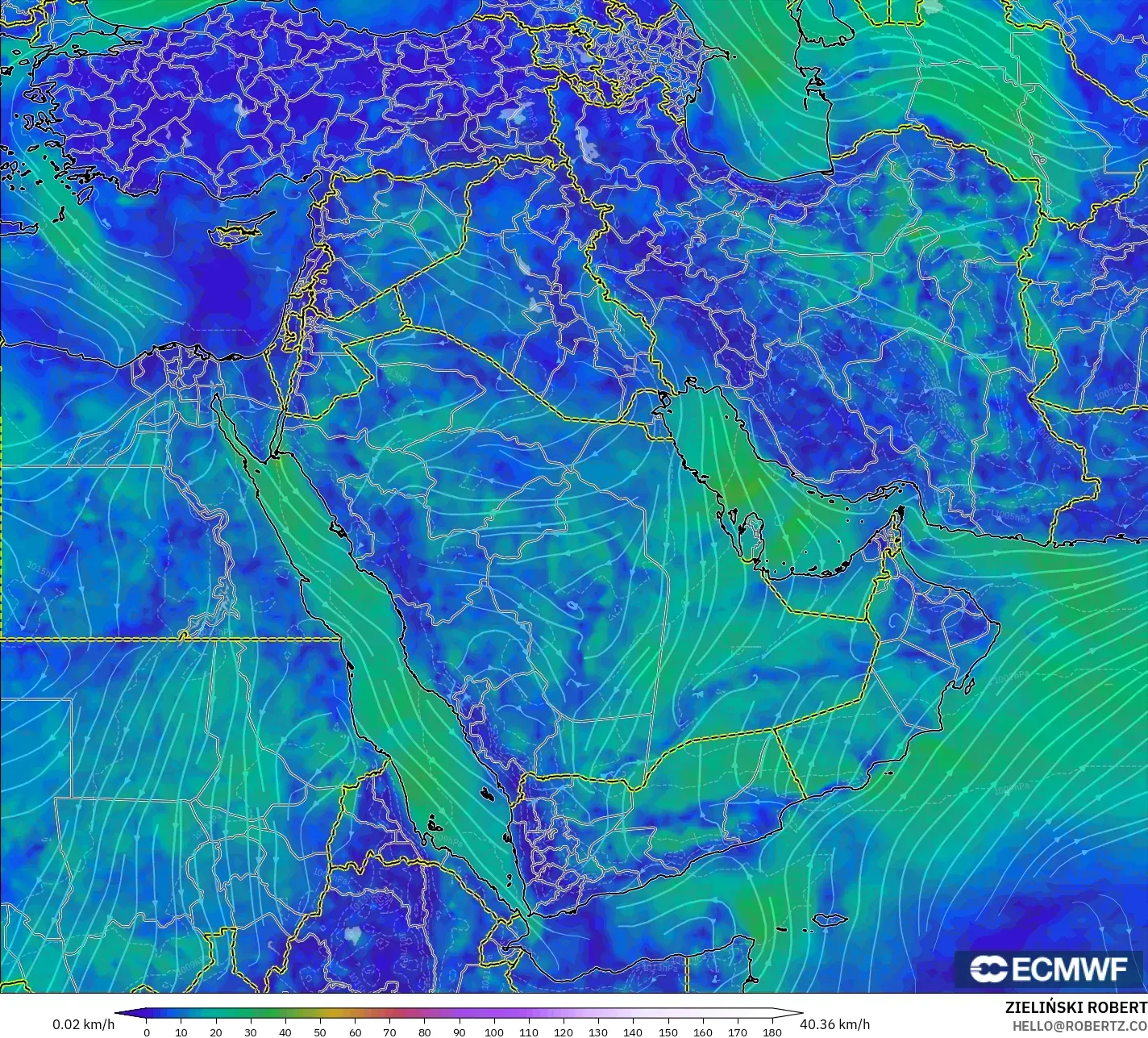 ECMWF IFS 0.25° model - Orta Doğu, 10 m Rüzgâr