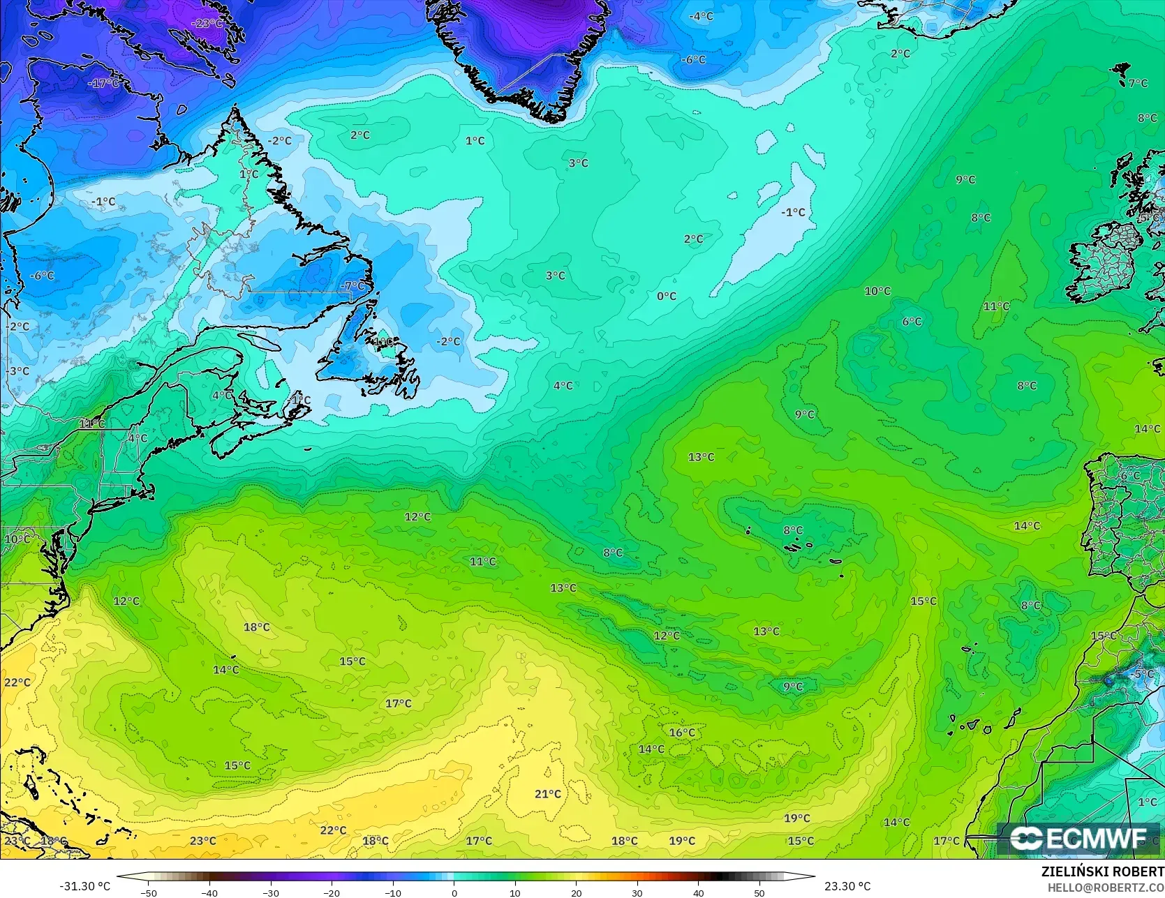 ECMWF IFS 0.25° model - Kuzey Atlantik, 2 m Çiy Noktası
