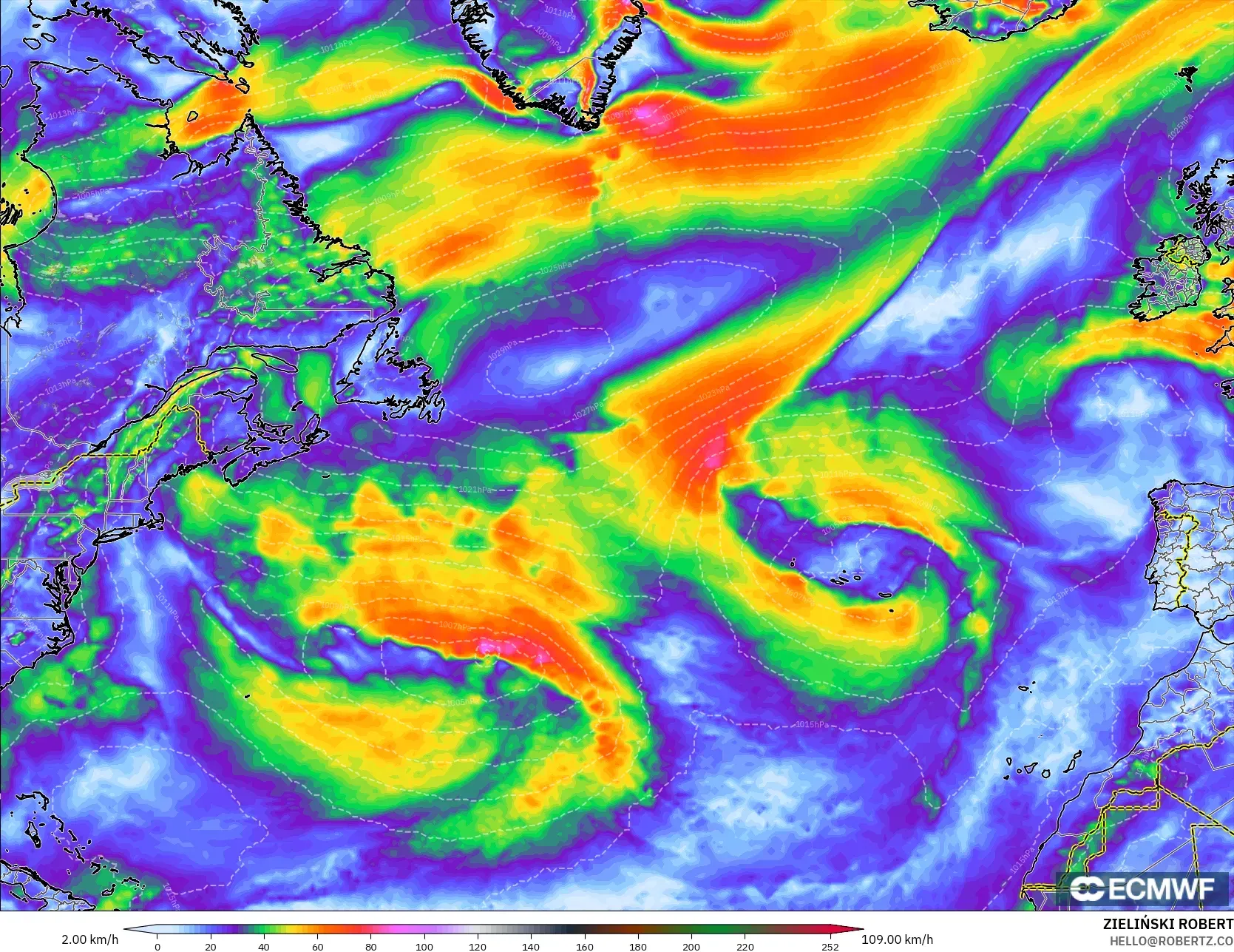 ECMWF IFS 0.25° model - Kuzey Atlantik, Rüzgâr Esintileri