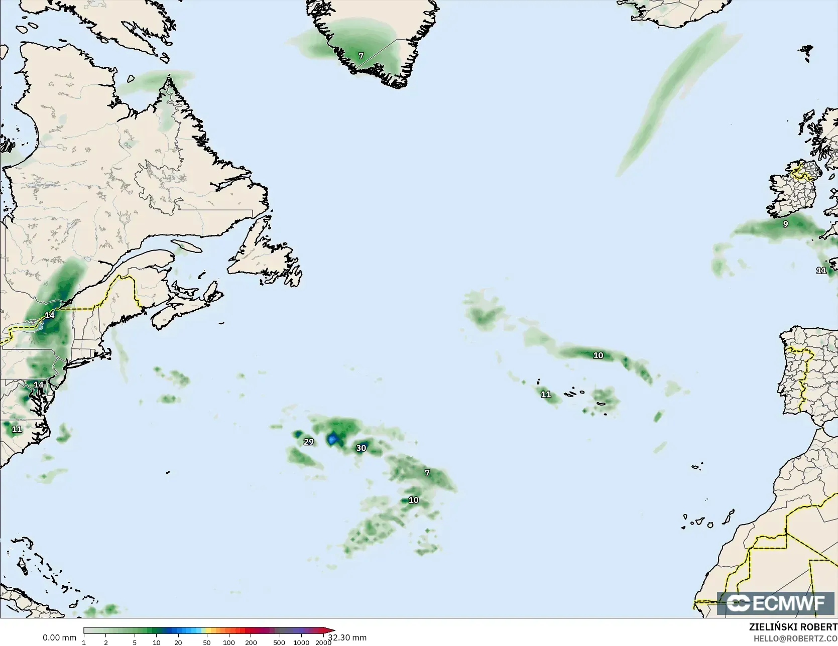 ECMWF IFS 0.25° model - Kuzey Atlantik, Yağış Birikimi