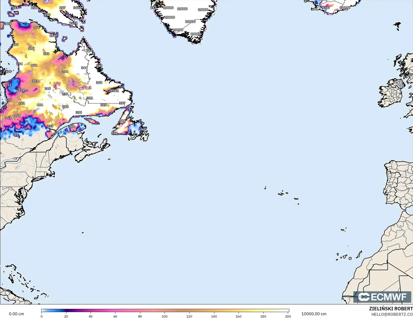 ECMWF IFS 0.25° model - Kuzey Atlantik, Kar Kalınlığı