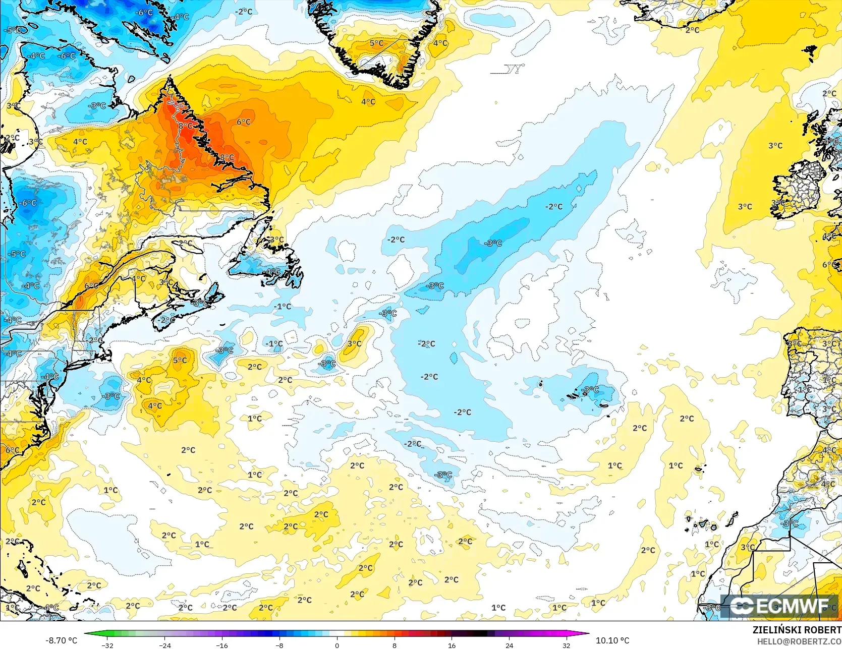 ECMWF IFS 0.25° model - Kuzey Atlantik, 2 m Sıcaklık Anomalisi