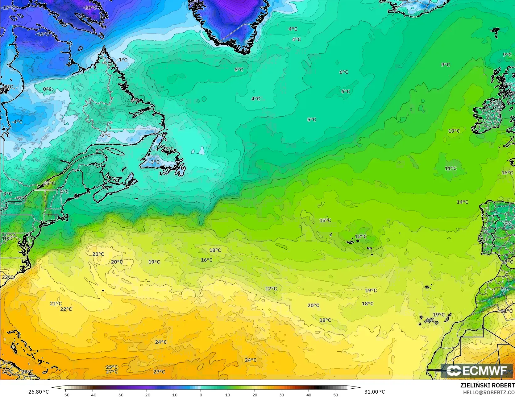 ECMWF IFS 0.25° model - Kuzey Atlantik, 2 m Sıcaklık