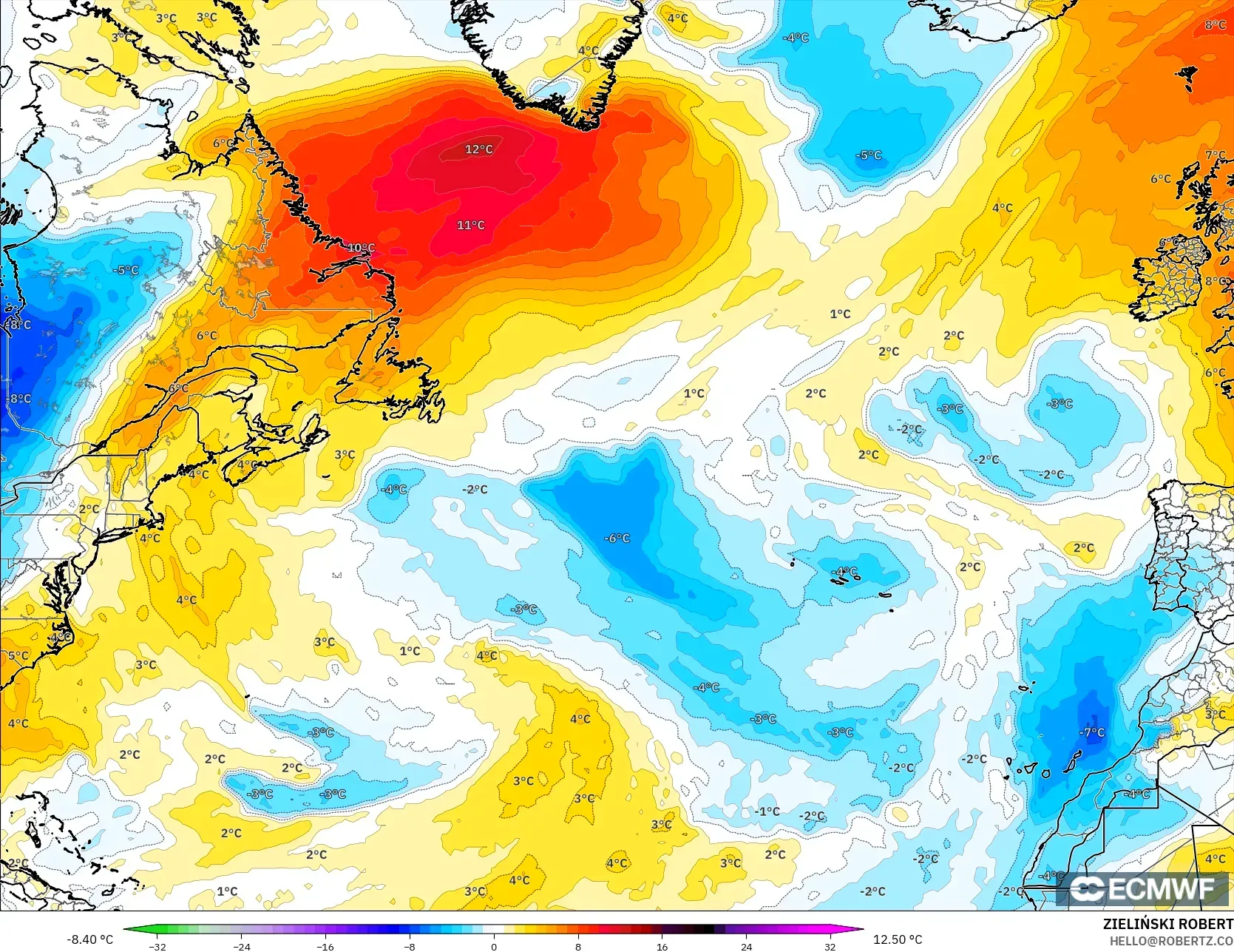 ECMWF IFS 0.25° model - Kuzey Atlantik, 850 hPa Sıcaklık Anomalisi