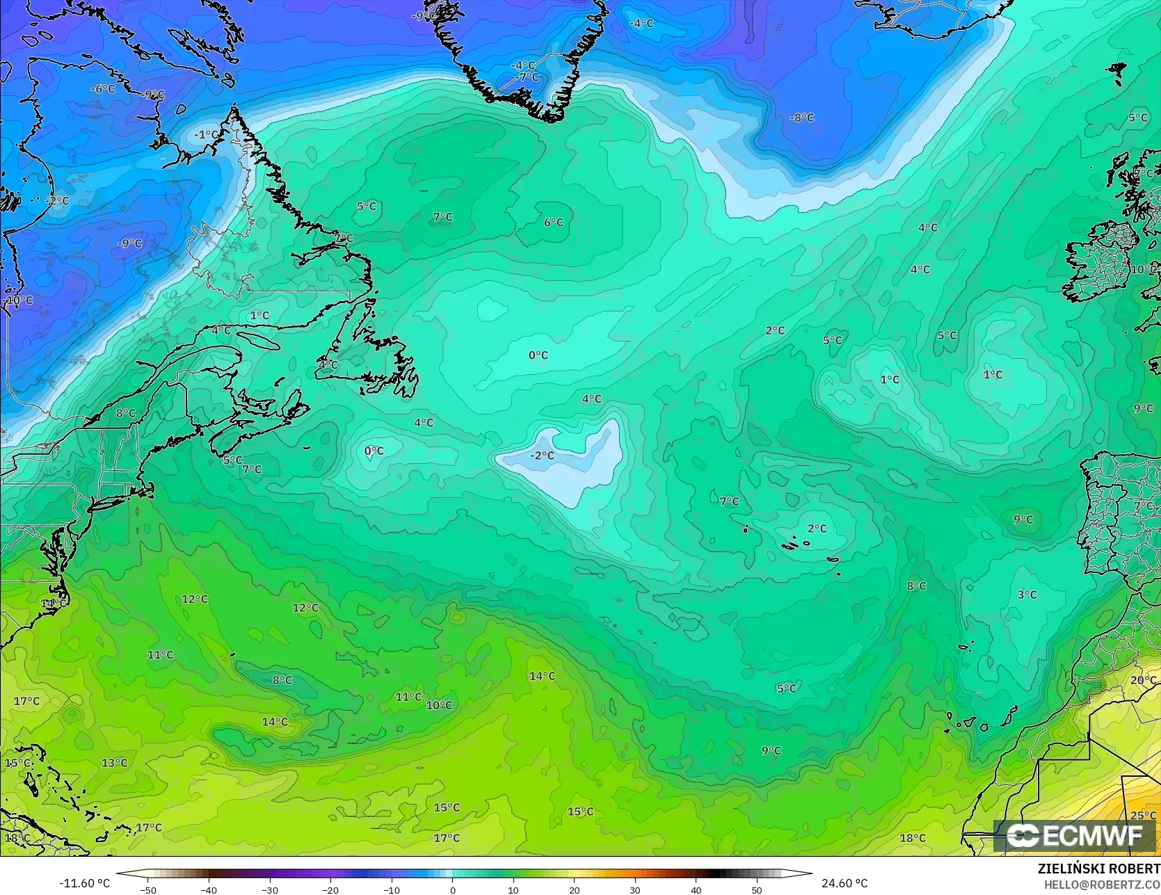ECMWF IFS 0.25° model - Kuzey Atlantik, 850 hPa Sıcaklık