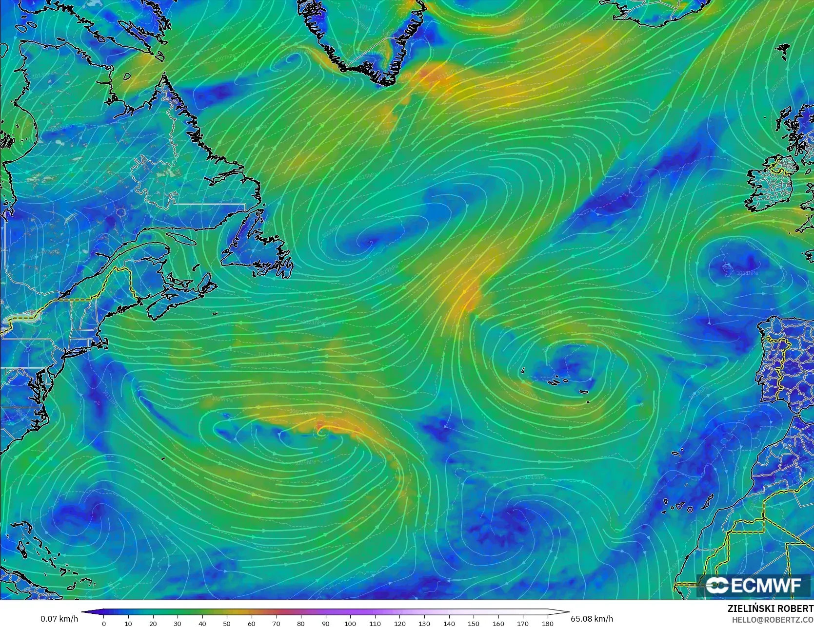 ECMWF IFS 0.25° model - Kuzey Atlantik, 10 m Rüzgâr
