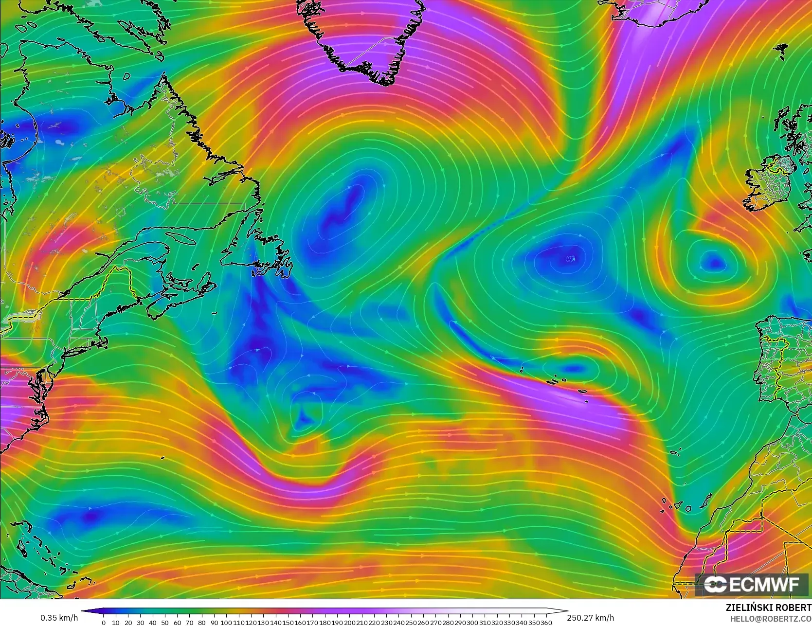 ECMWF IFS 0.25° model - Kuzey Atlantik, 300 hPa Rüzgârı (jet)