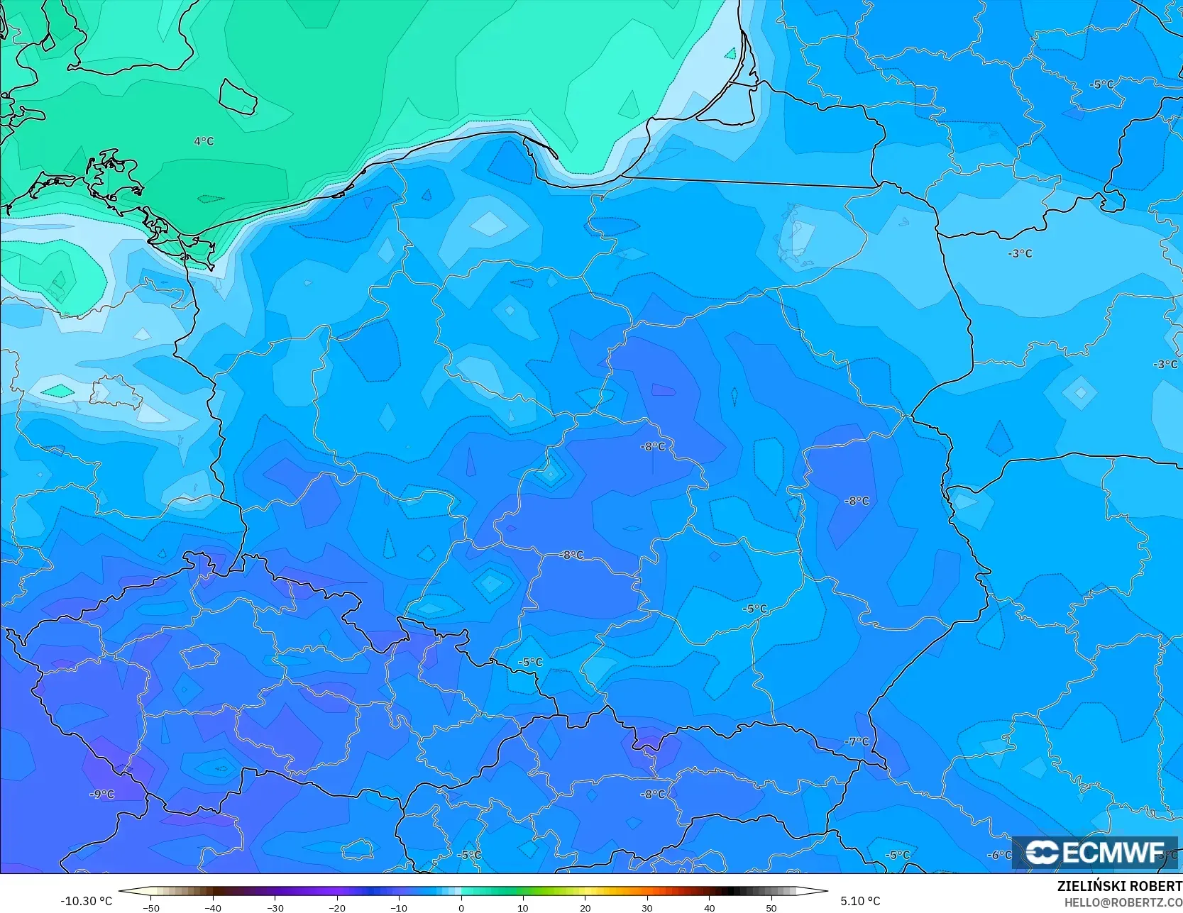 ECMWF IFS 0.25° model - Polonya, 2 m Çiy Noktası