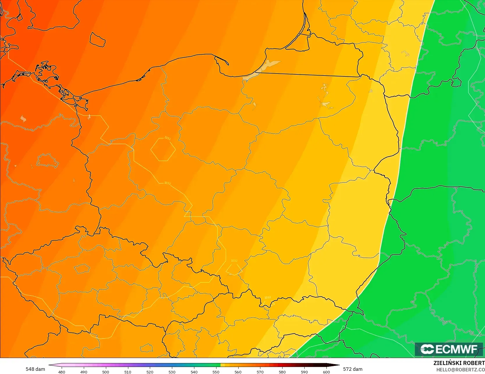 ECMWF IFS 0.25° model - Polonya, 500 hPa’da jeopotansiyel yükseklik