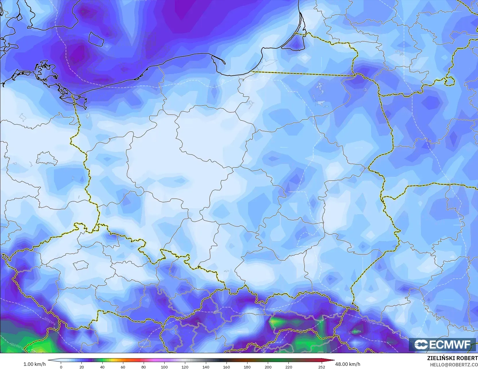 ECMWF IFS 0.25° model - Polonya, En Yüksek Rüzgâr