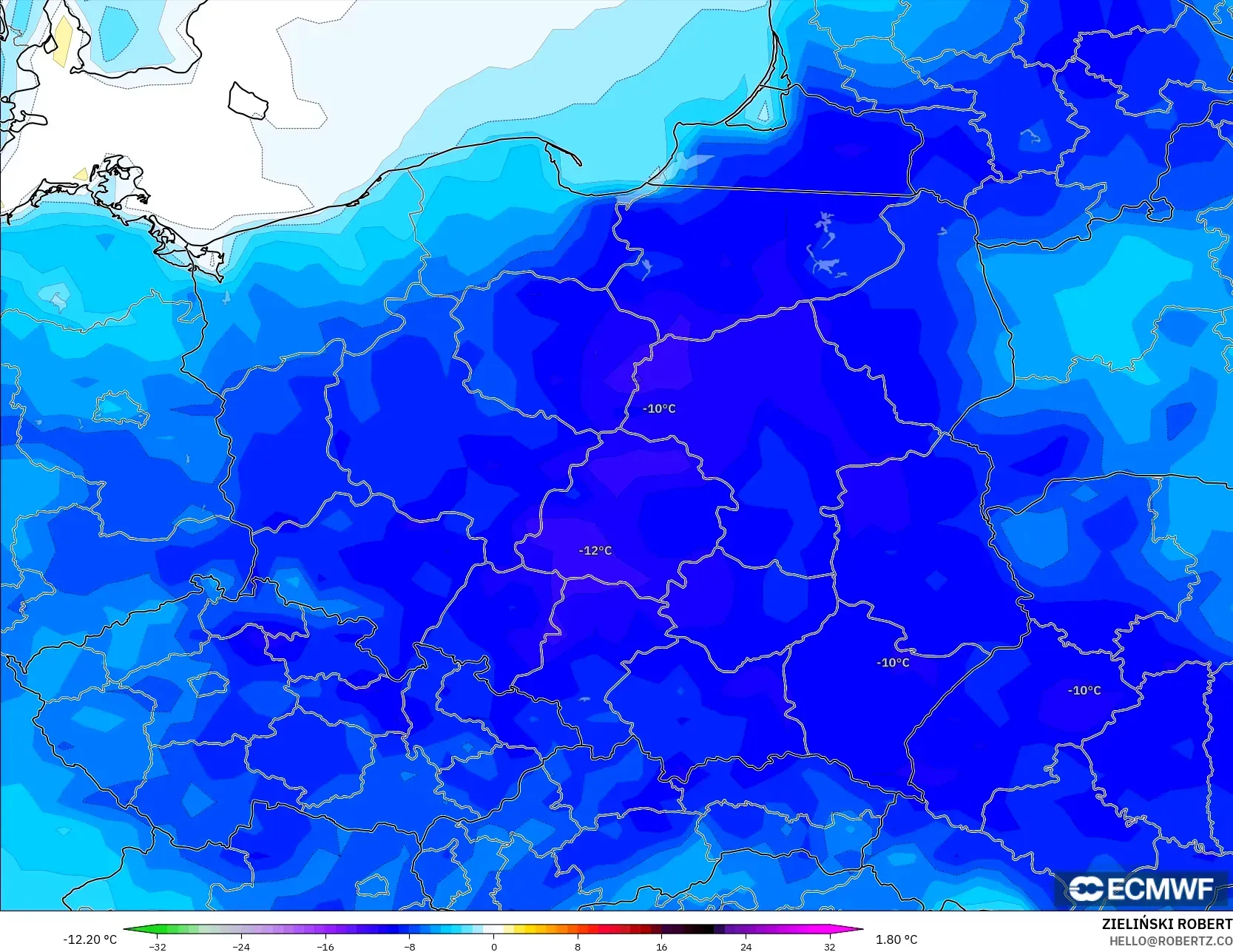 ECMWF IFS 0.25° model - Polonya, 2 m Sıcaklık Anomalisi