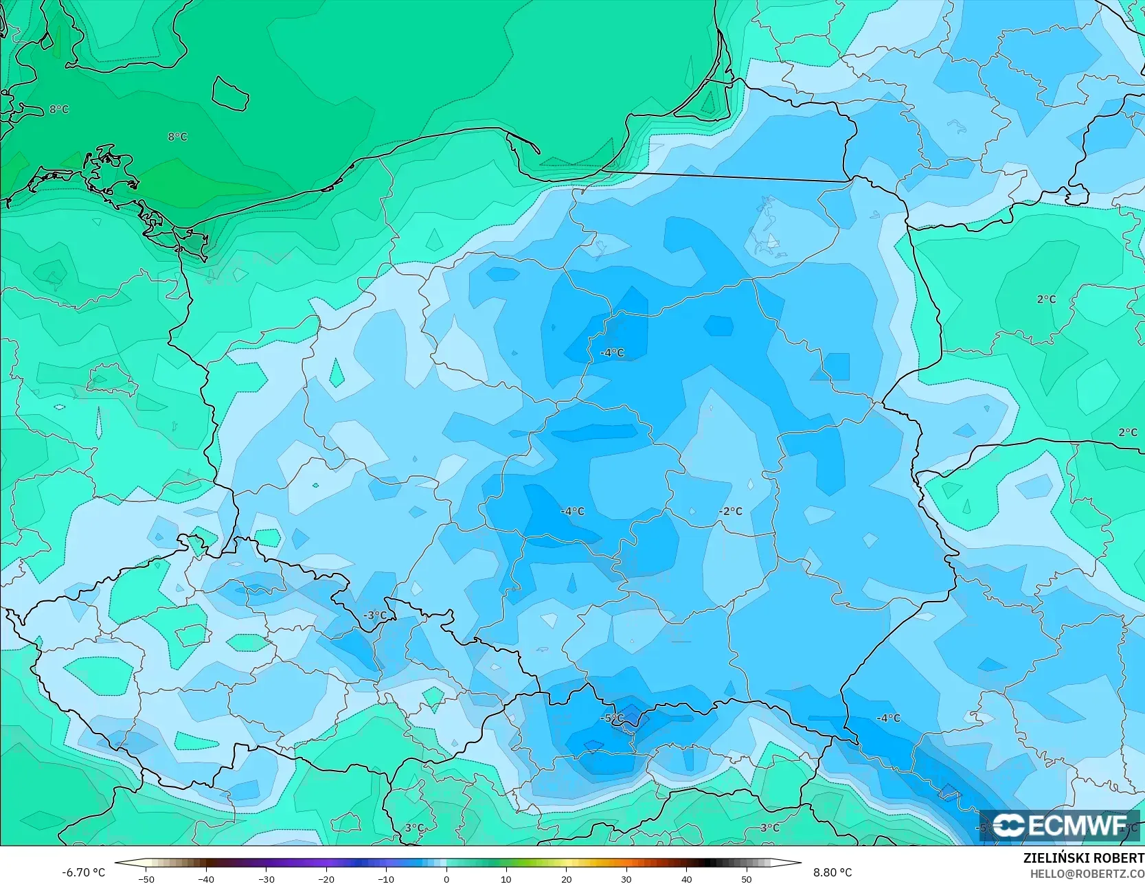ECMWF IFS 0.25° model - Polonya, 2 m Sıcaklık