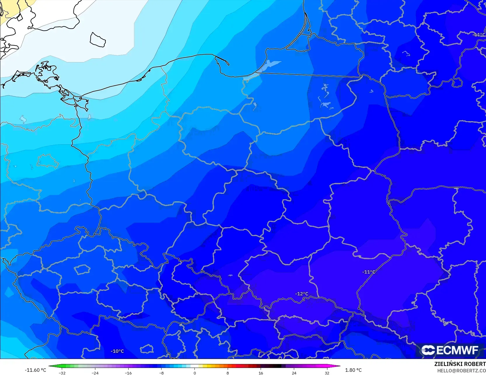 ECMWF IFS 0.25° model - Polonya, 850 hPa Sıcaklık Anomalisi