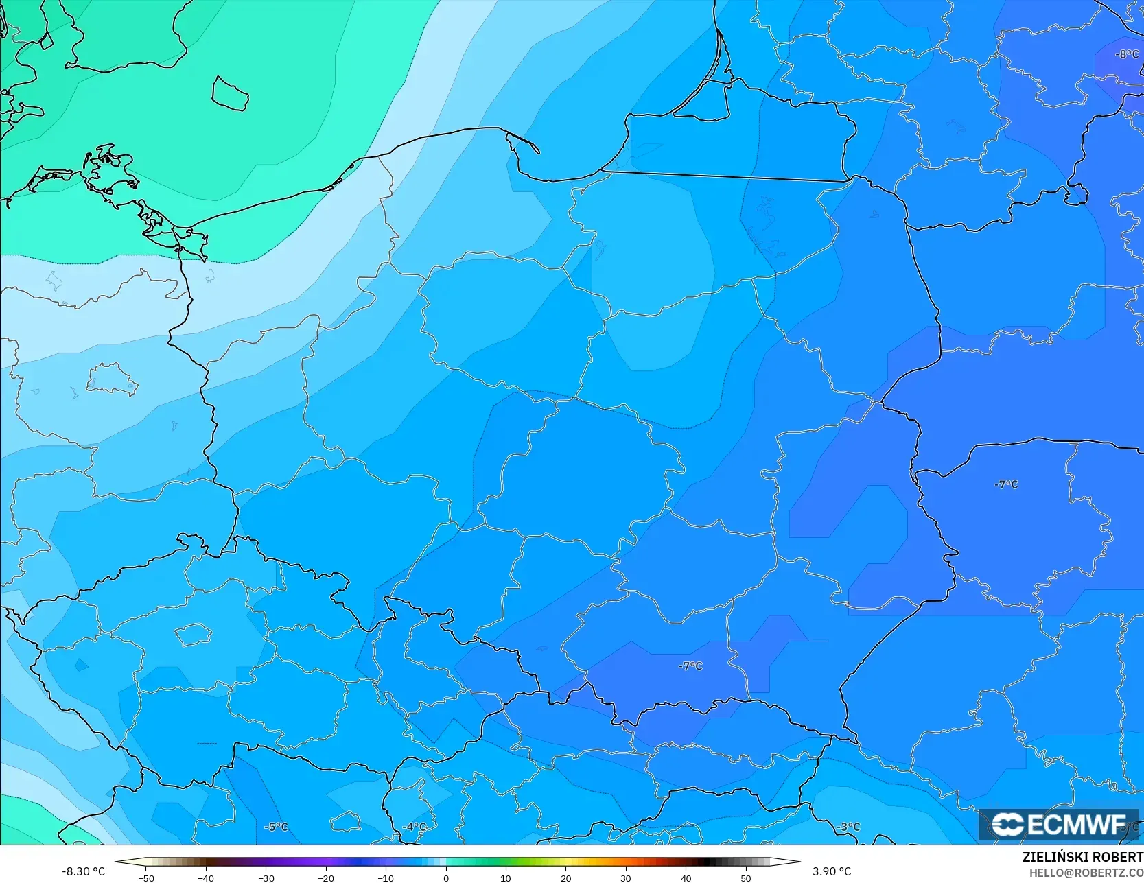 ECMWF IFS 0.25° model - Polonya, 850 hPa Sıcaklık