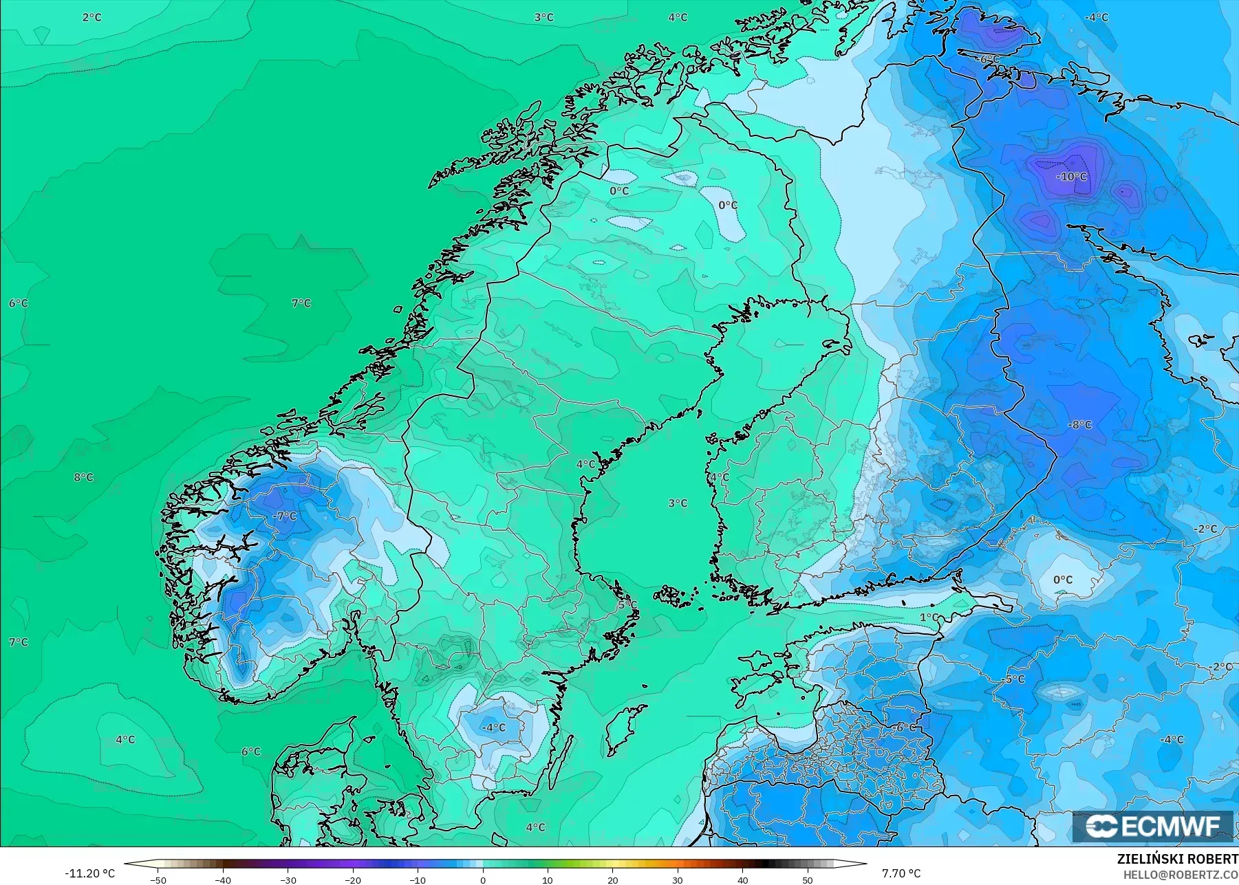 ECMWF IFS 0.25° model - İskandinavya, 2 m Çiy Noktası