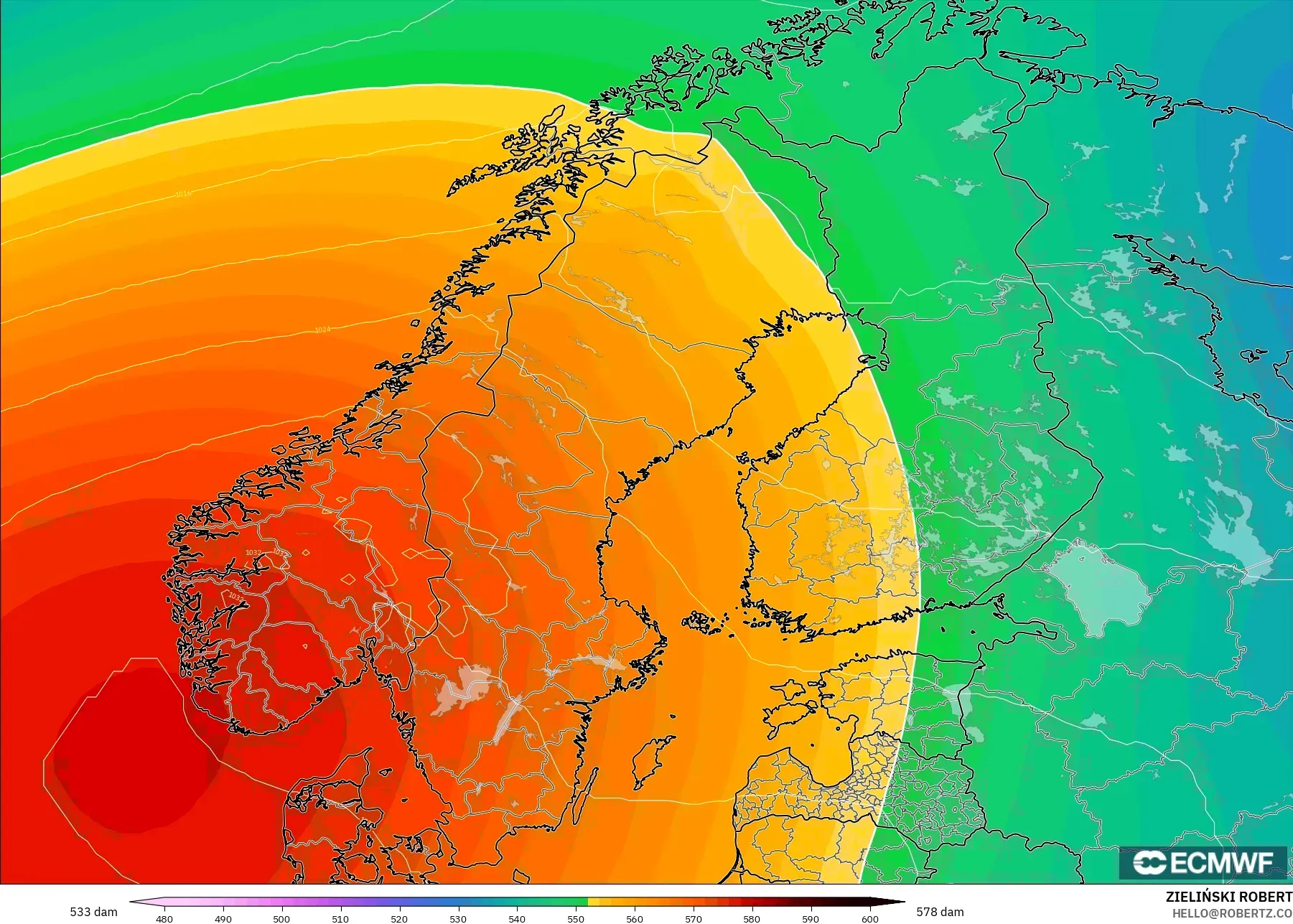 ECMWF IFS 0.25° model - İskandinavya, 500 hPa’da jeopotansiyel yükseklik
