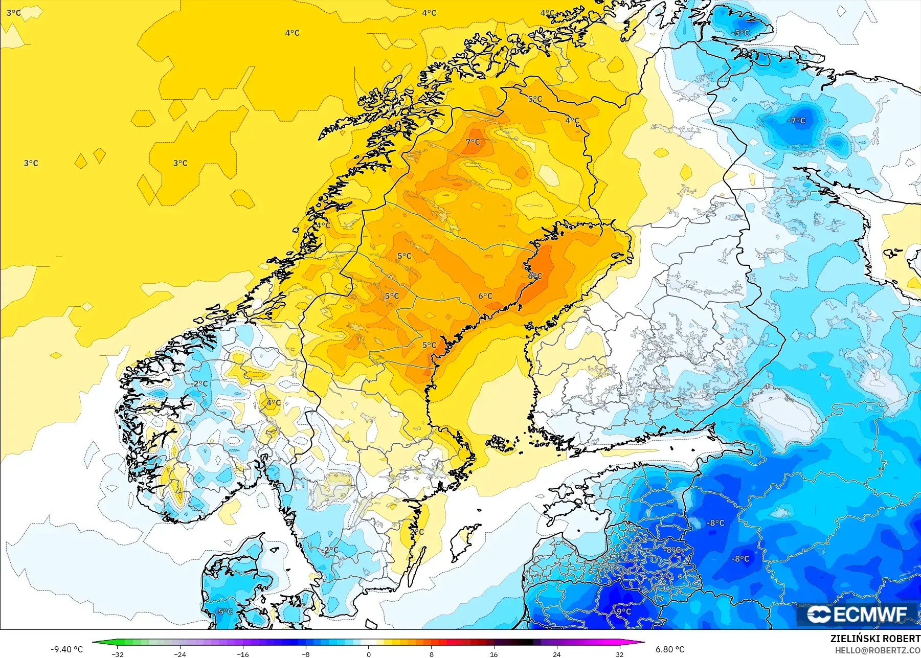 ECMWF IFS 0.25° model - İskandinavya, 2 m Sıcaklık Anomalisi