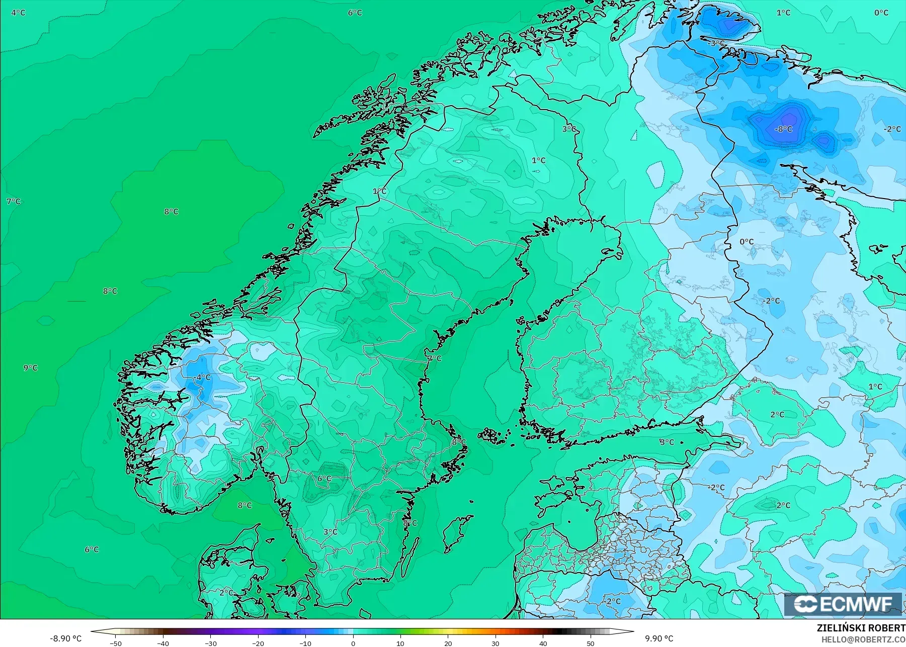 ECMWF IFS 0.25° model - İskandinavya, 2 m Sıcaklık