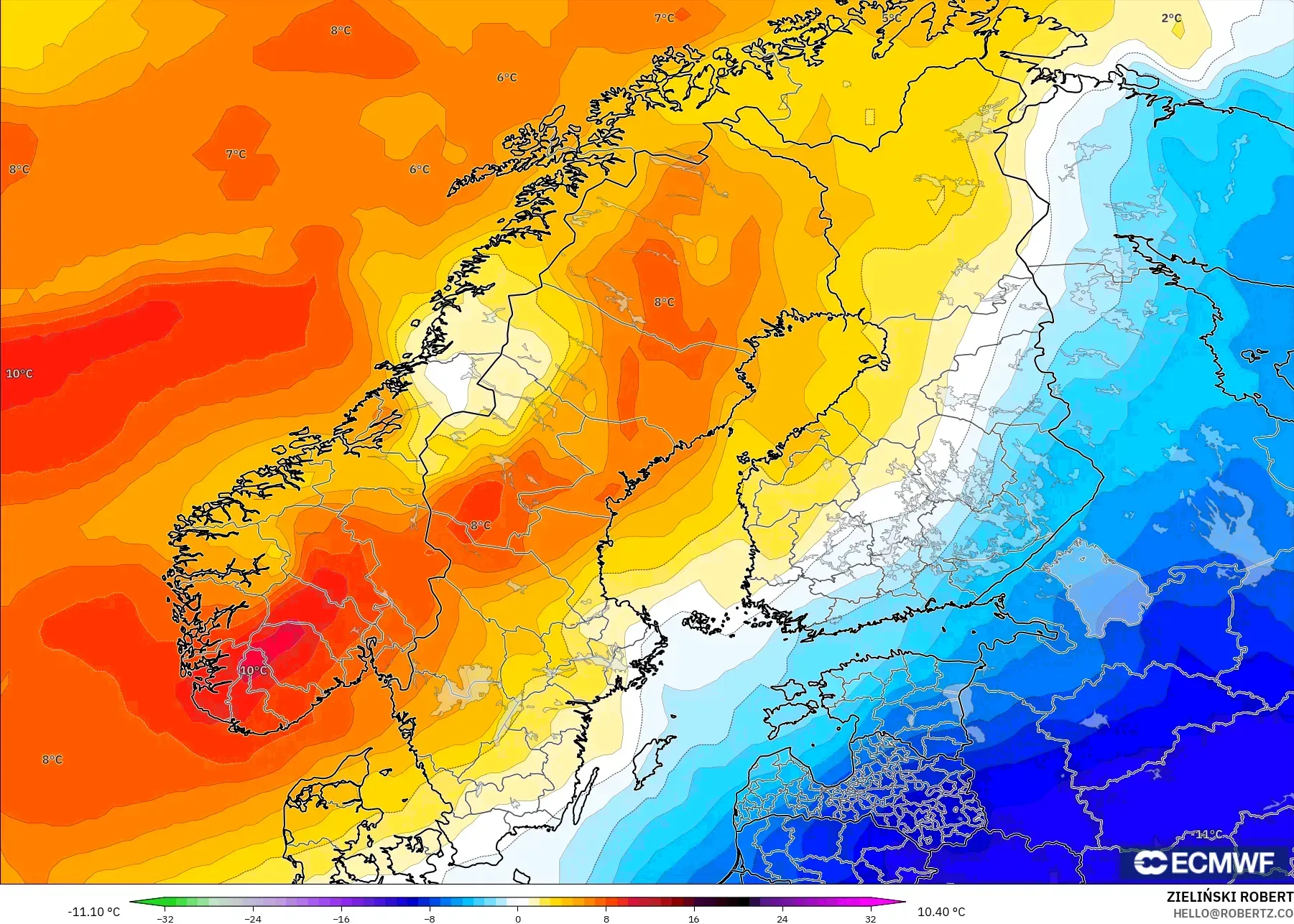 ECMWF IFS 0.25° model - İskandinavya, 850 hPa Sıcaklık Anomalisi