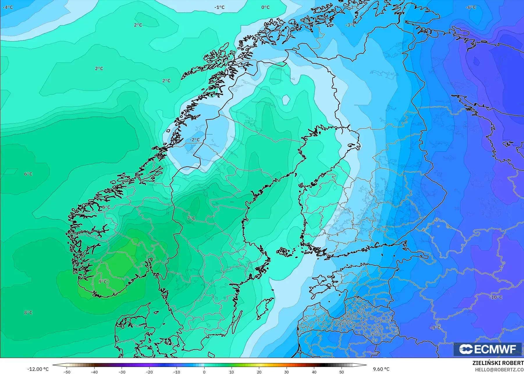 ECMWF IFS 0.25° model - İskandinavya, 850 hPa Sıcaklık