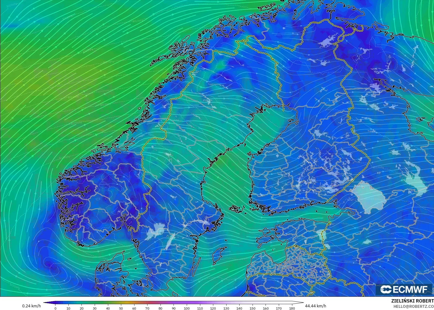 ECMWF IFS 0.25° model - İskandinavya, 10 m Rüzgâr