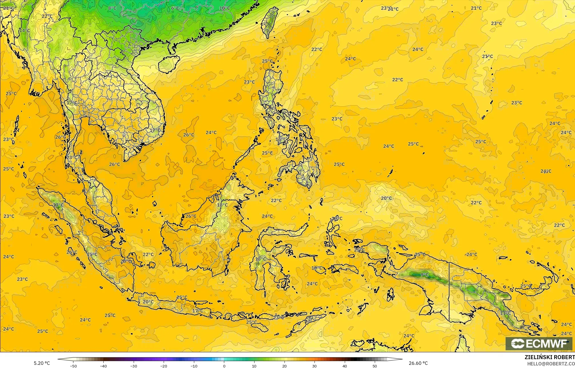 ECMWF IFS 0.25° model - Güneydoğu Asya, 2 m Çiy Noktası