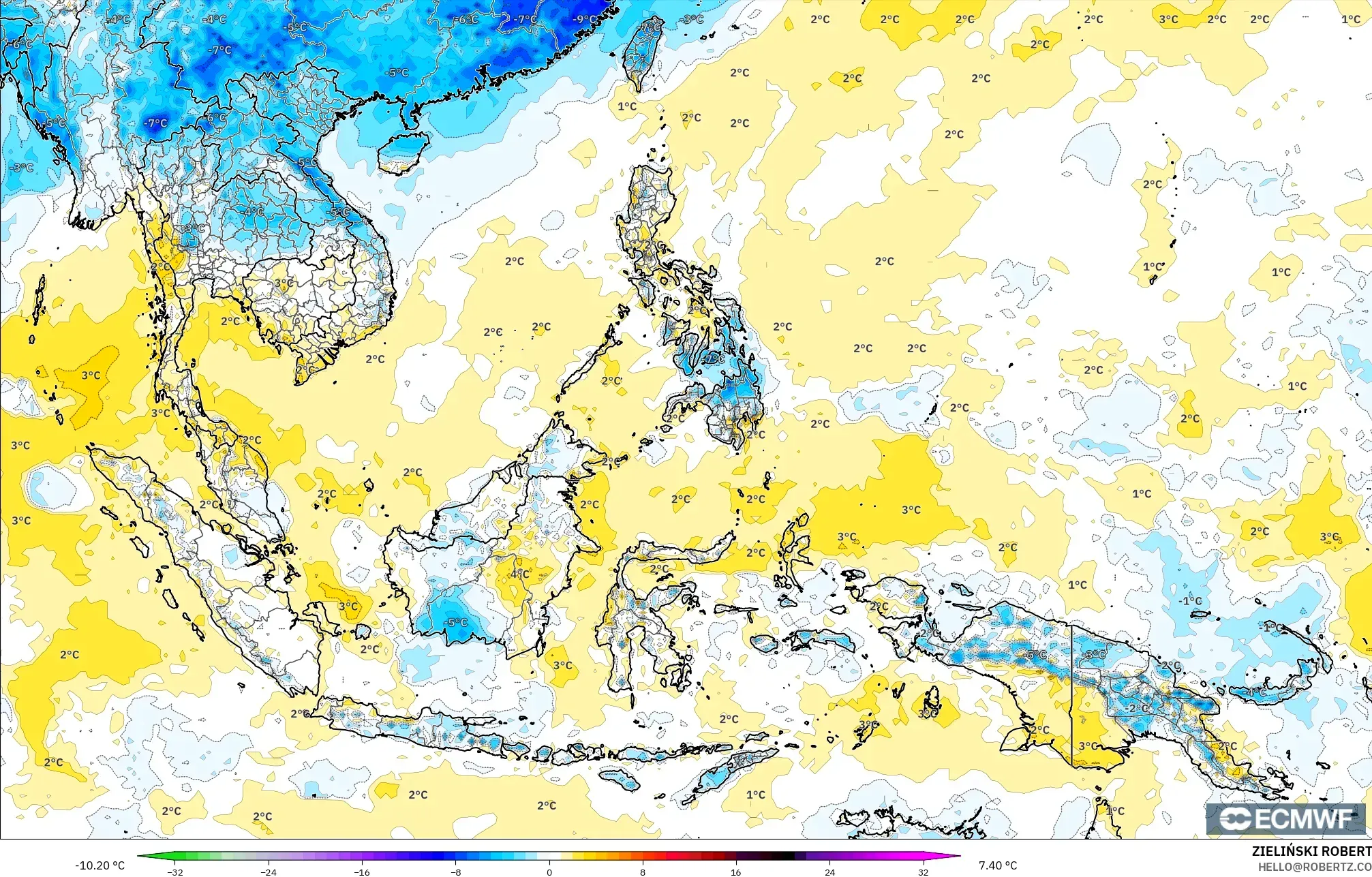 ECMWF IFS 0.25° model - Güneydoğu Asya, 2 m Sıcaklık Anomalisi
