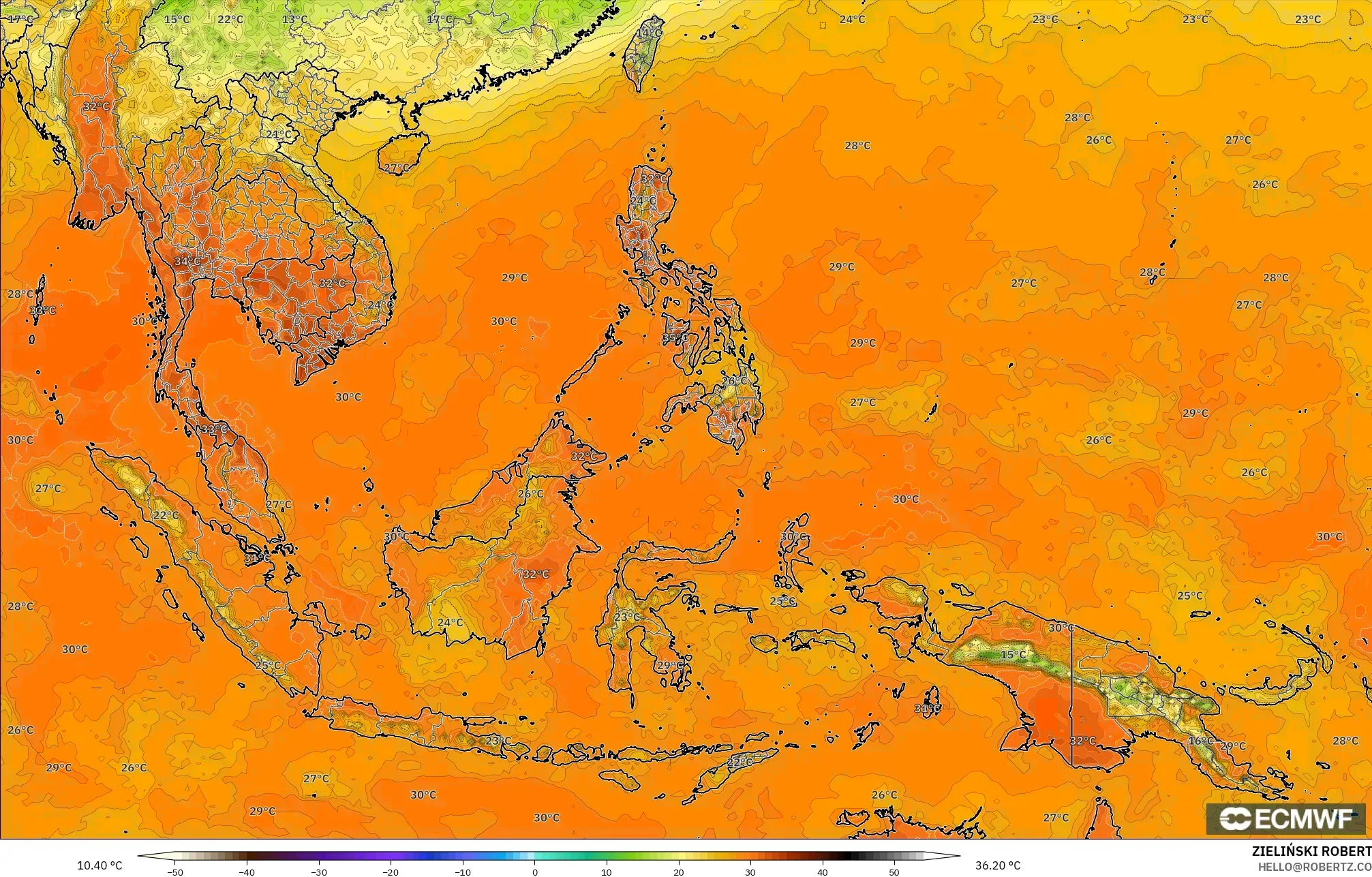 ECMWF IFS 0.25° model - Güneydoğu Asya, 2 m Sıcaklık