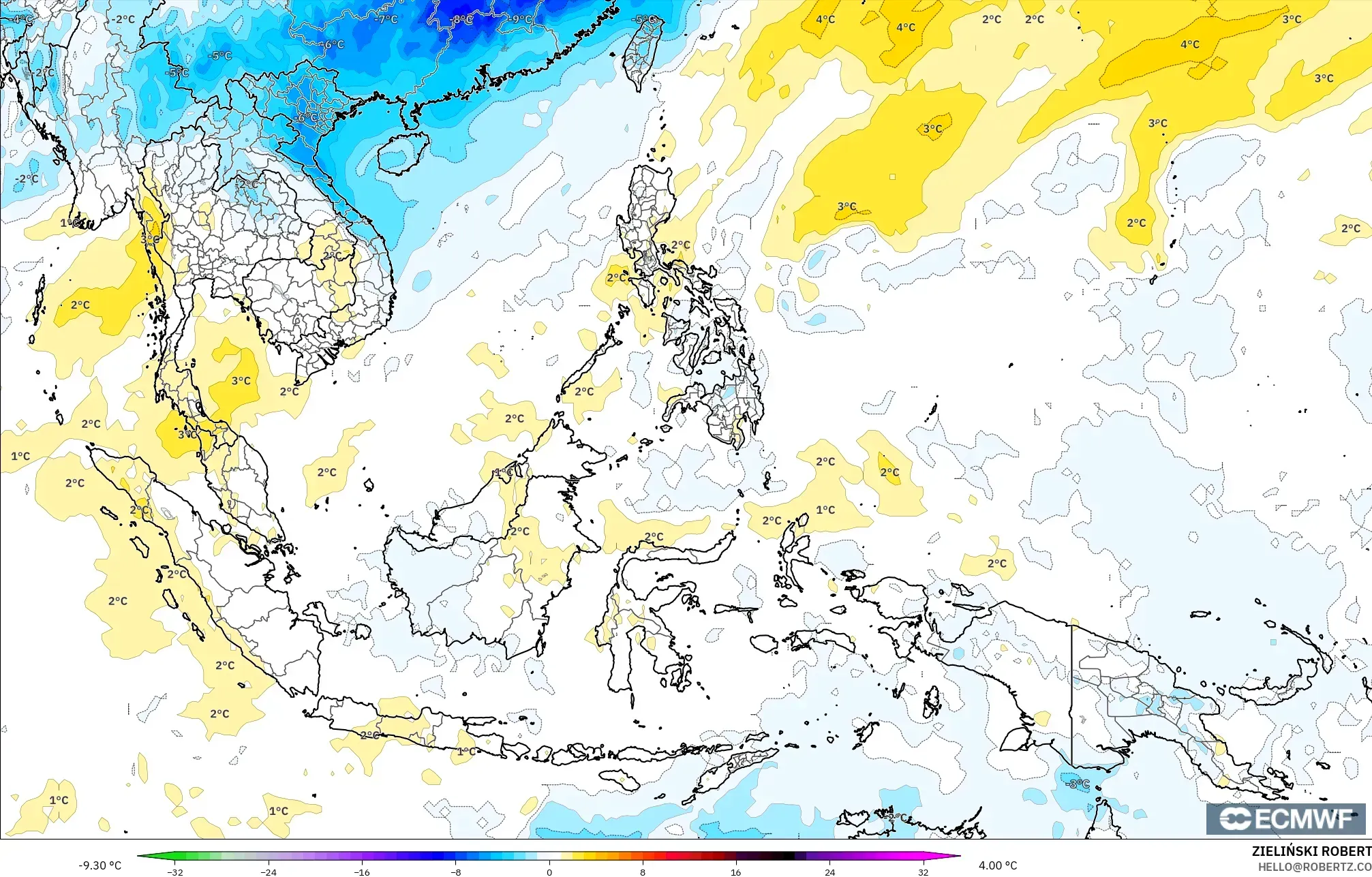 ECMWF IFS 0.25° model - Güneydoğu Asya, 850 hPa Sıcaklık Anomalisi