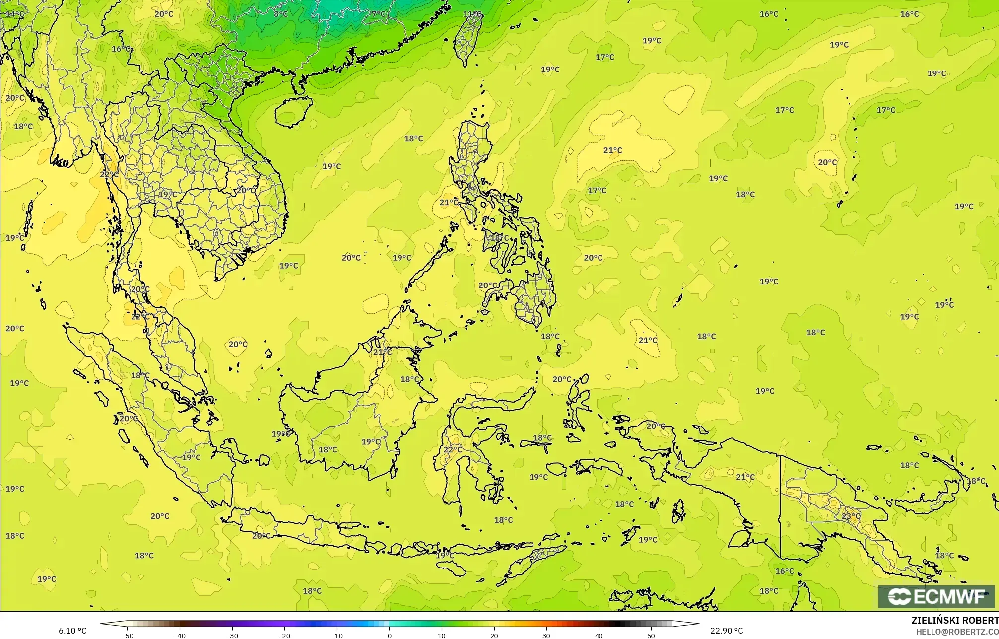 ECMWF IFS 0.25° model - Güneydoğu Asya, 850 hPa Sıcaklık