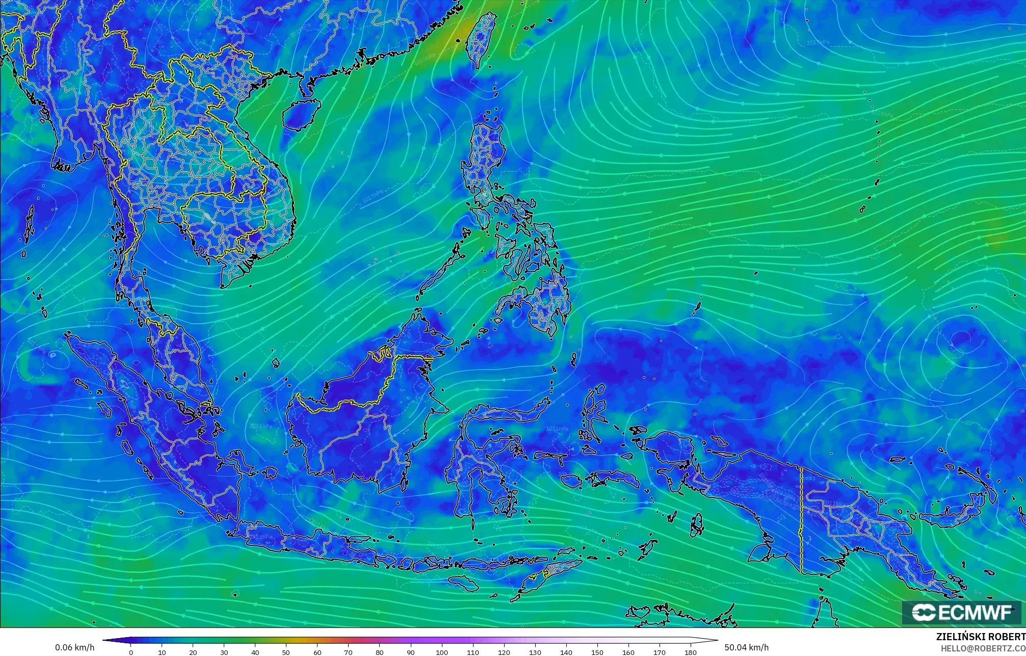 ECMWF IFS 0.25° model - Güneydoğu Asya, 10 m Rüzgâr