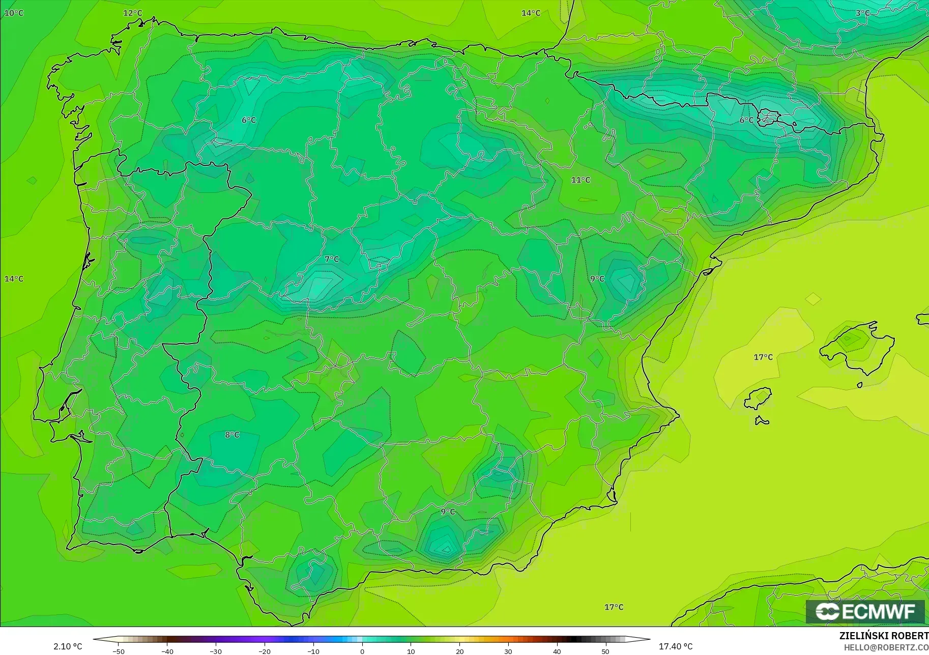 ECMWF IFS 0.25° model - İspanya, 2 m Çiy Noktası