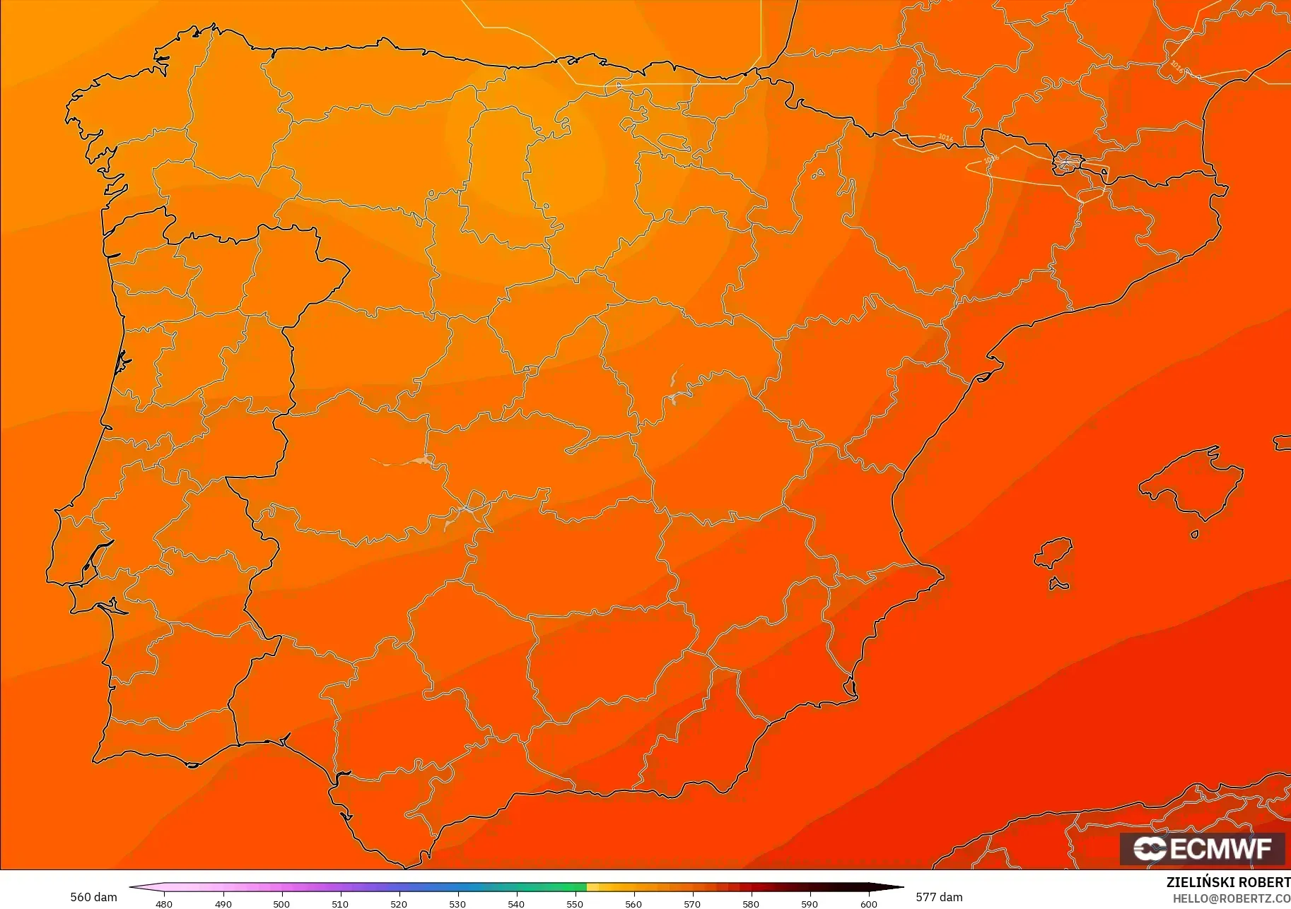 ECMWF IFS 0.25° model - İspanya, 500 hPa’da jeopotansiyel yükseklik