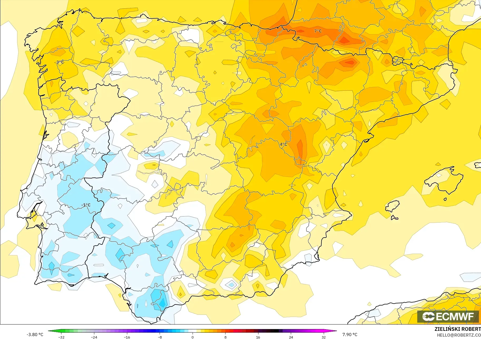 ECMWF IFS 0.25° model - İspanya, 2 m Sıcaklık Anomalisi