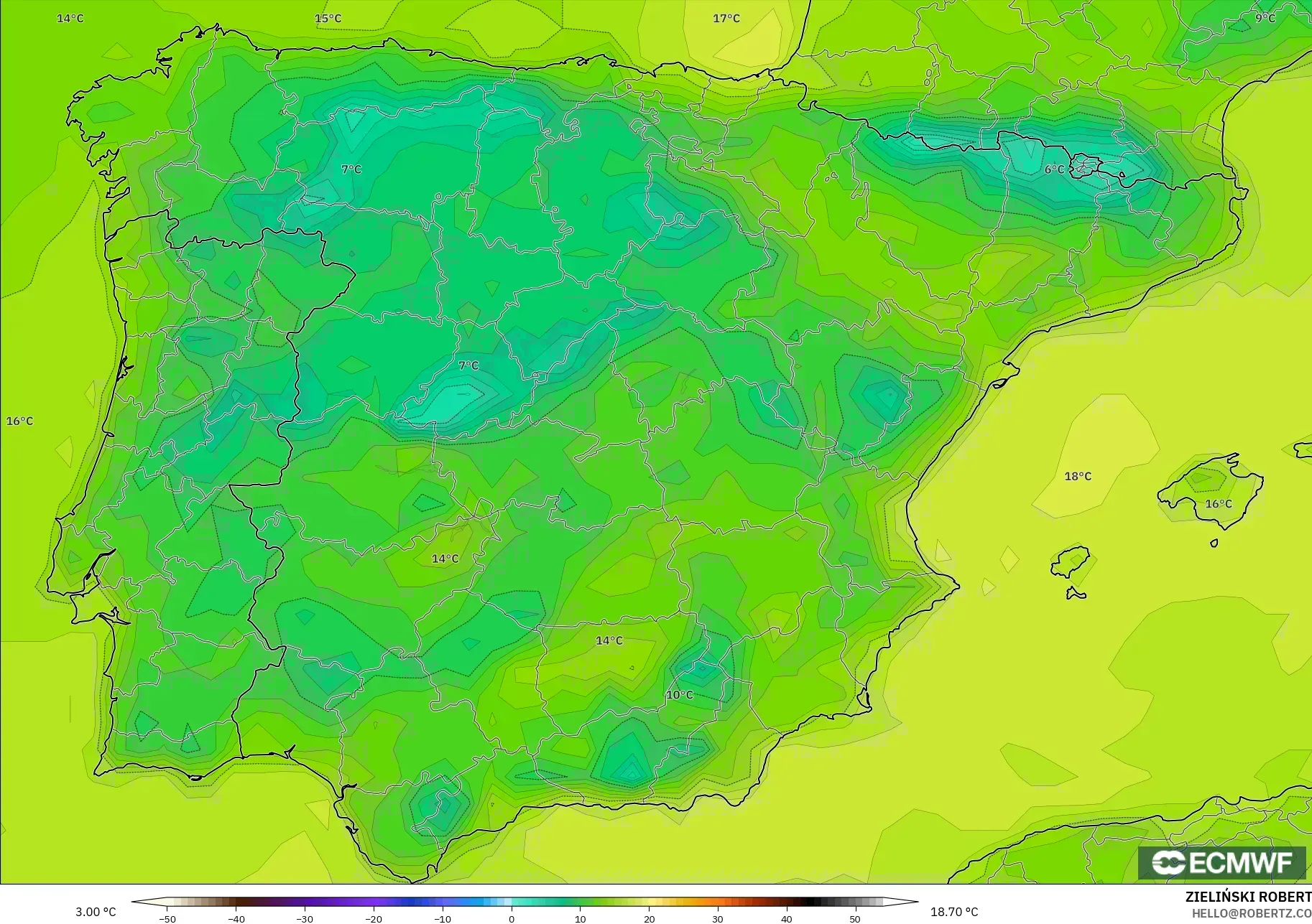 ECMWF IFS 0.25° model - İspanya, 2 m Sıcaklık