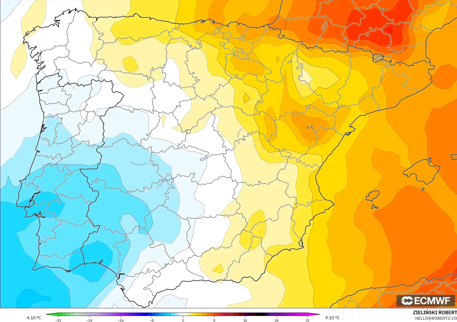 ECMWF IFS 0.25° model - İspanya, 850 hPa Sıcaklık Anomalisi