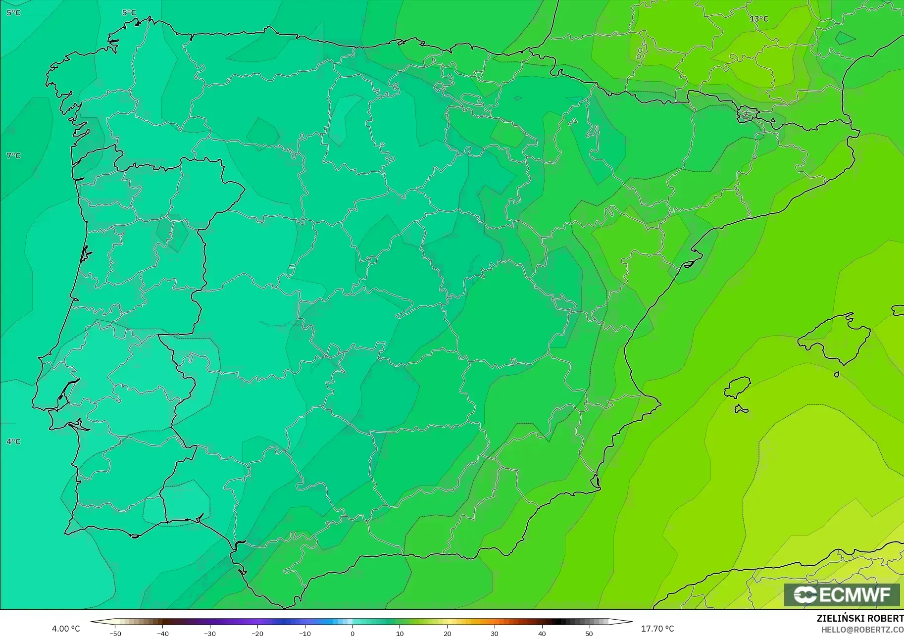 ECMWF IFS 0.25° model - İspanya, 850 hPa Sıcaklık