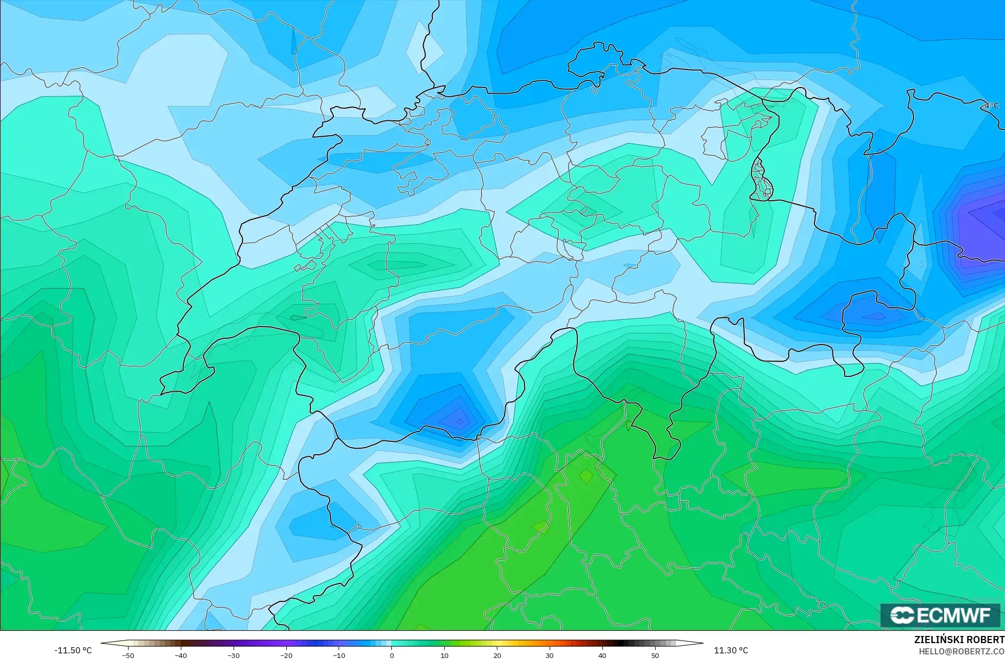 ECMWF IFS 0.25° model - İsviçre, 2 m Çiy Noktası