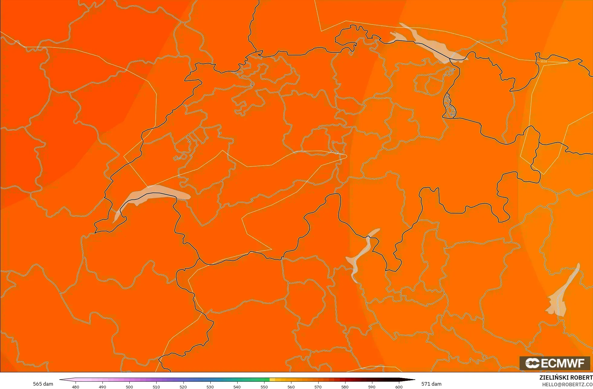 ECMWF IFS 0.25° model - İsviçre, 500 hPa’da jeopotansiyel yükseklik