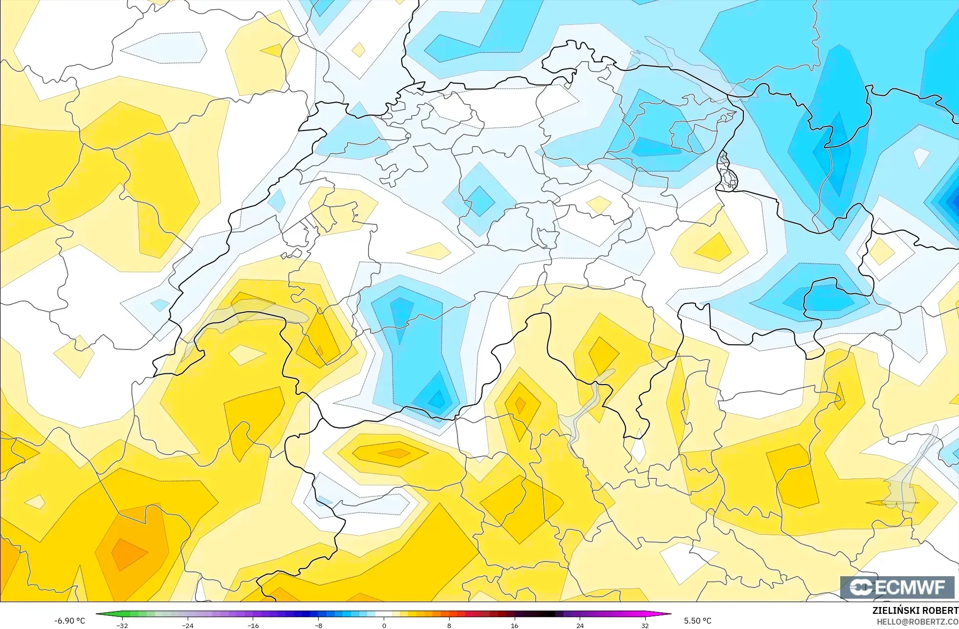 ECMWF IFS 0.25° model - İsviçre, 2 m Sıcaklık Anomalisi