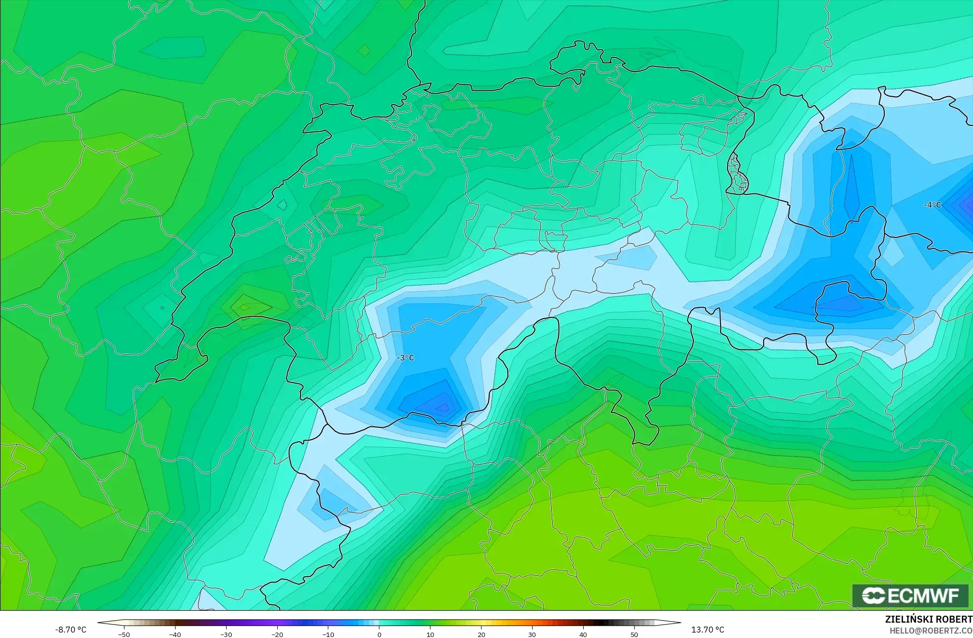 ECMWF IFS 0.25° model - İsviçre, 2 m Sıcaklık