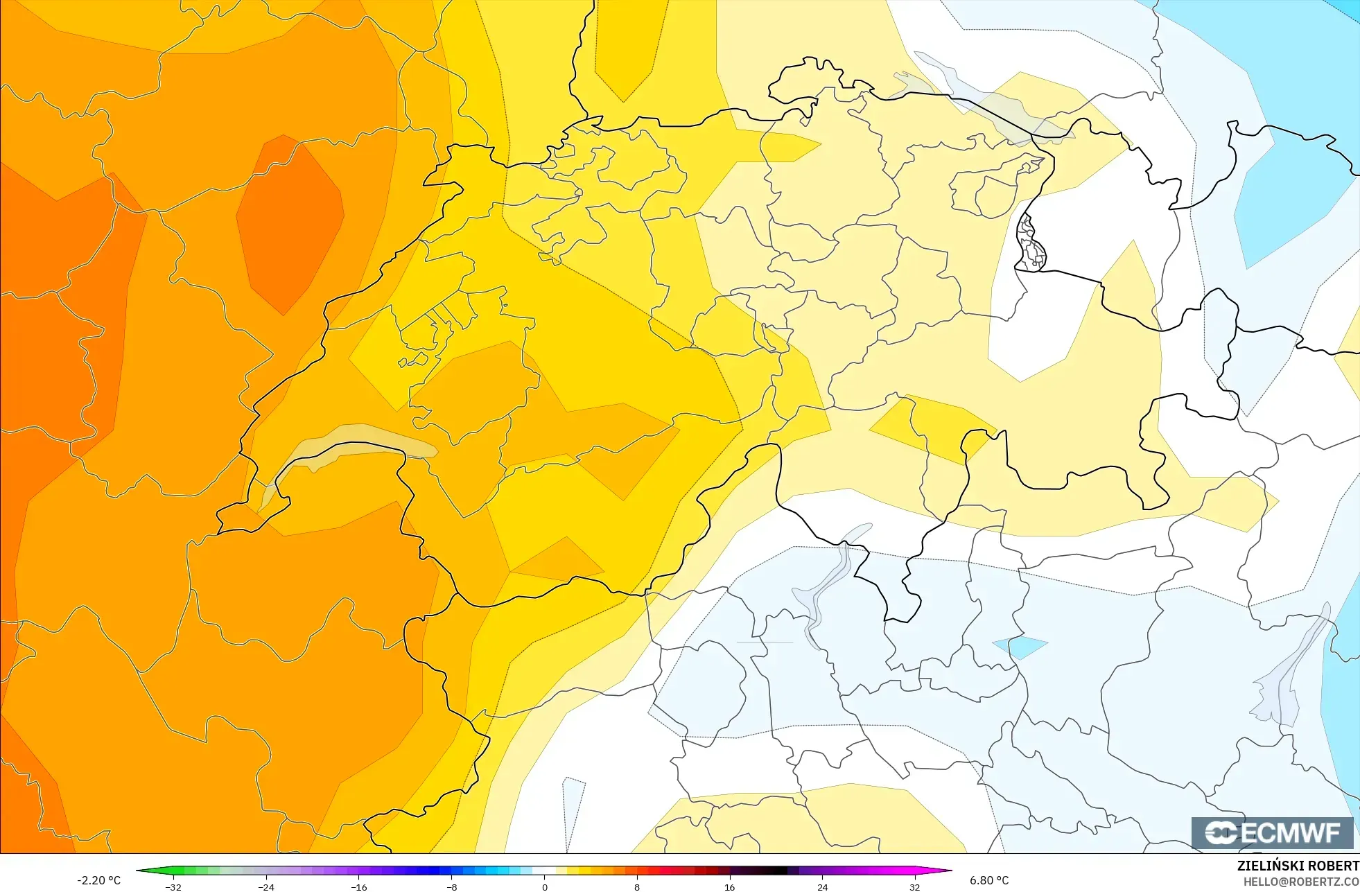 ECMWF IFS 0.25° model - İsviçre, 850 hPa Sıcaklık Anomalisi