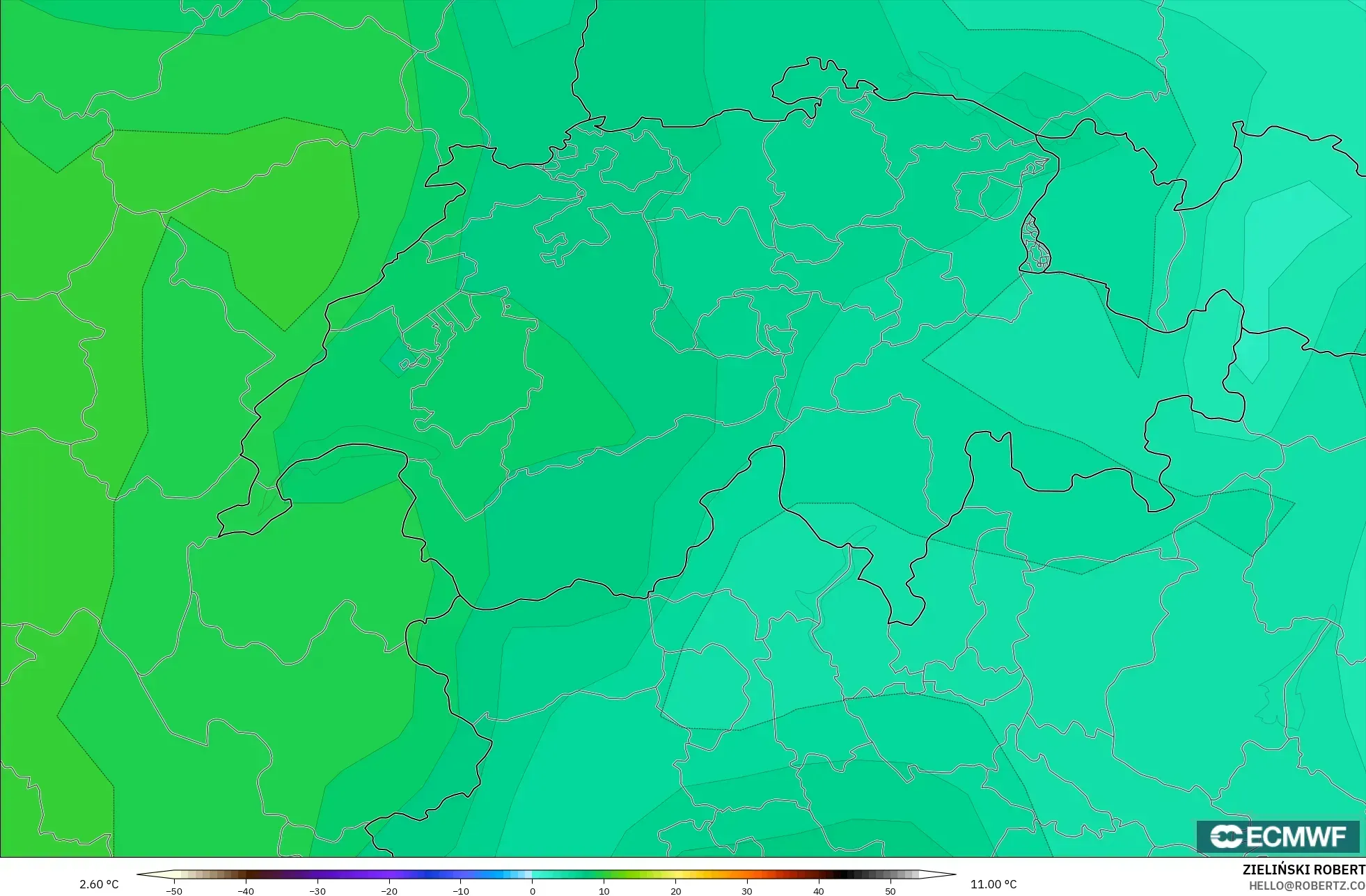 ECMWF IFS 0.25° model - İsviçre, 850 hPa Sıcaklık