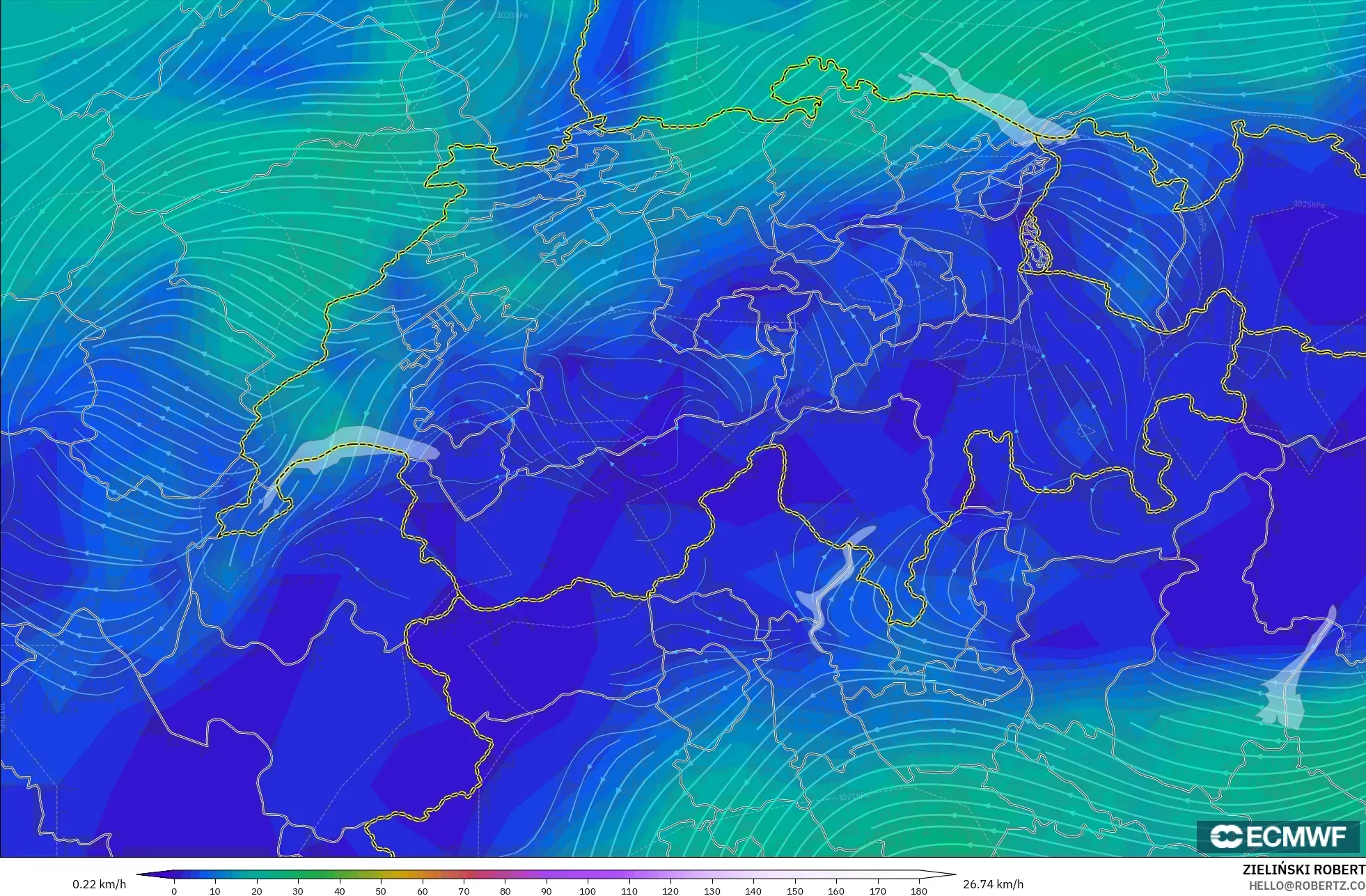 ECMWF IFS 0.25° model - İsviçre, 10 m Rüzgâr
