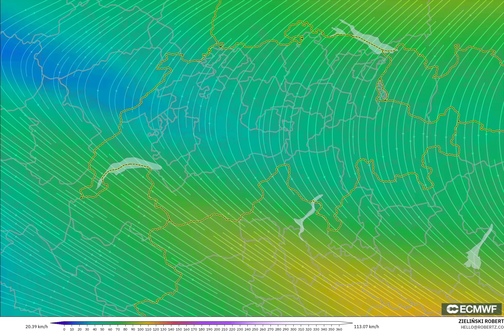 ECMWF IFS 0.25° model - İsviçre, 300 hPa Rüzgârı (jet)