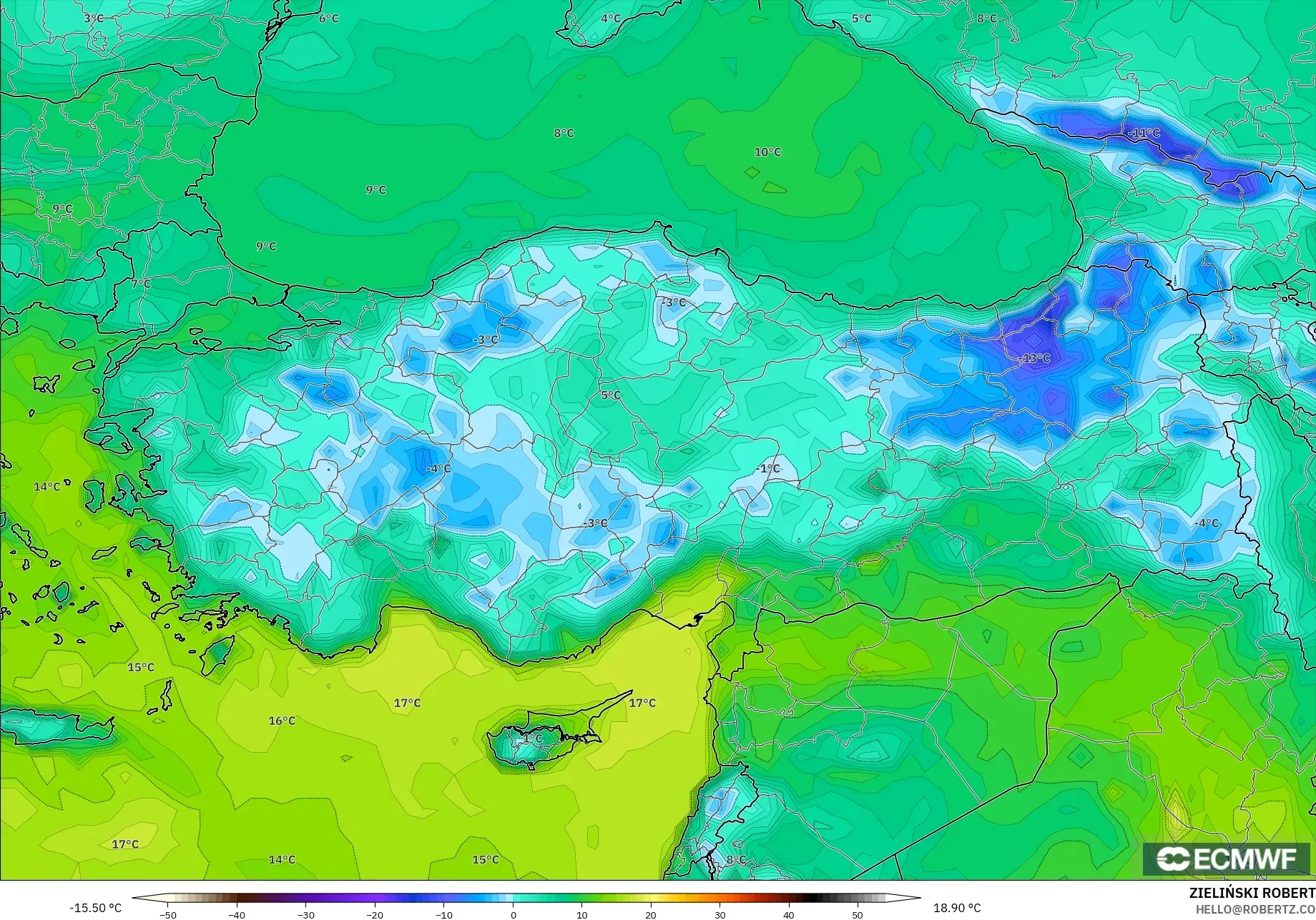 ECMWF IFS 0.25° model - Türkiye, 2 m Çiy Noktası