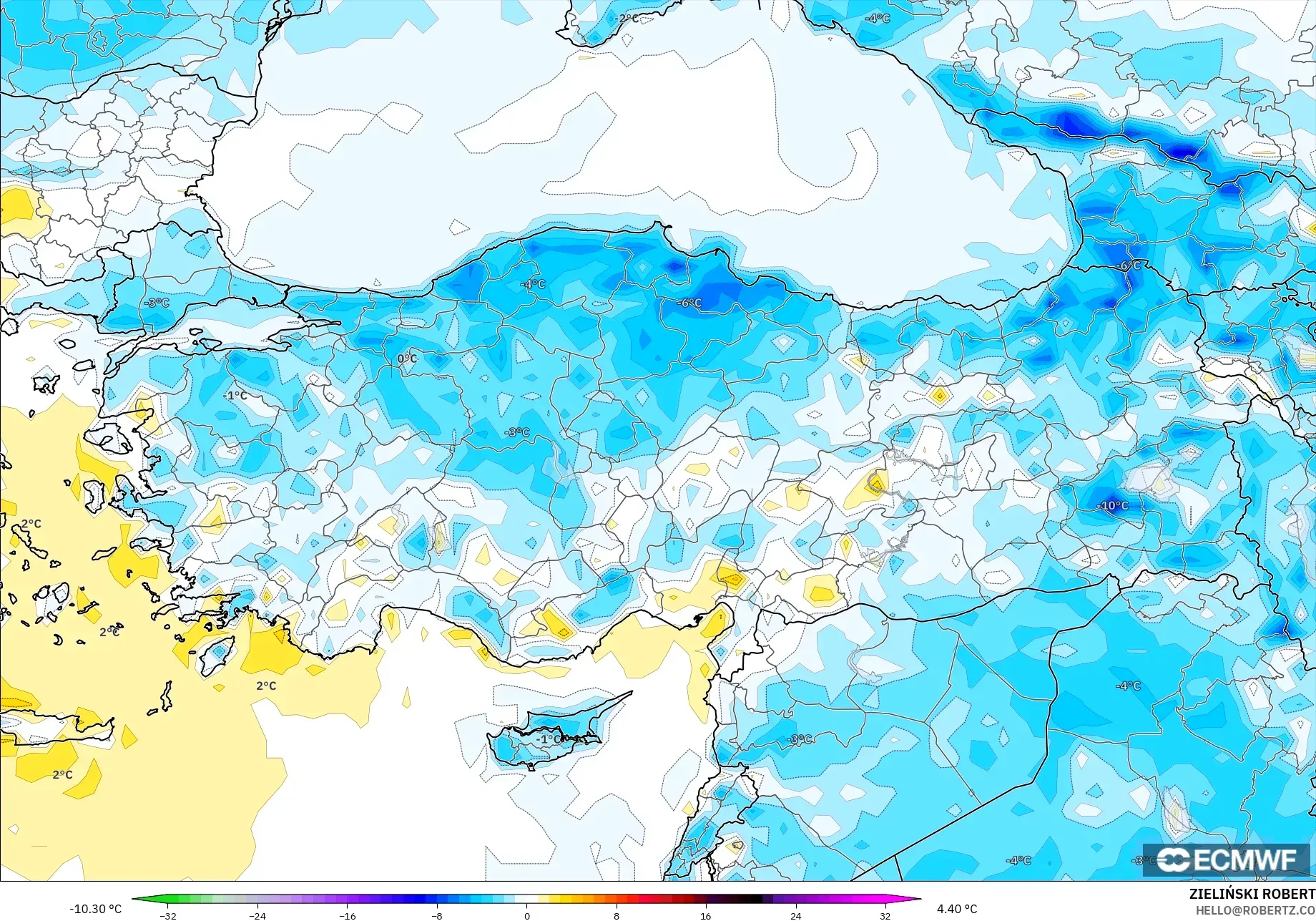 ECMWF IFS 0.25° model - Türkiye, 2 m Sıcaklık Anomalisi