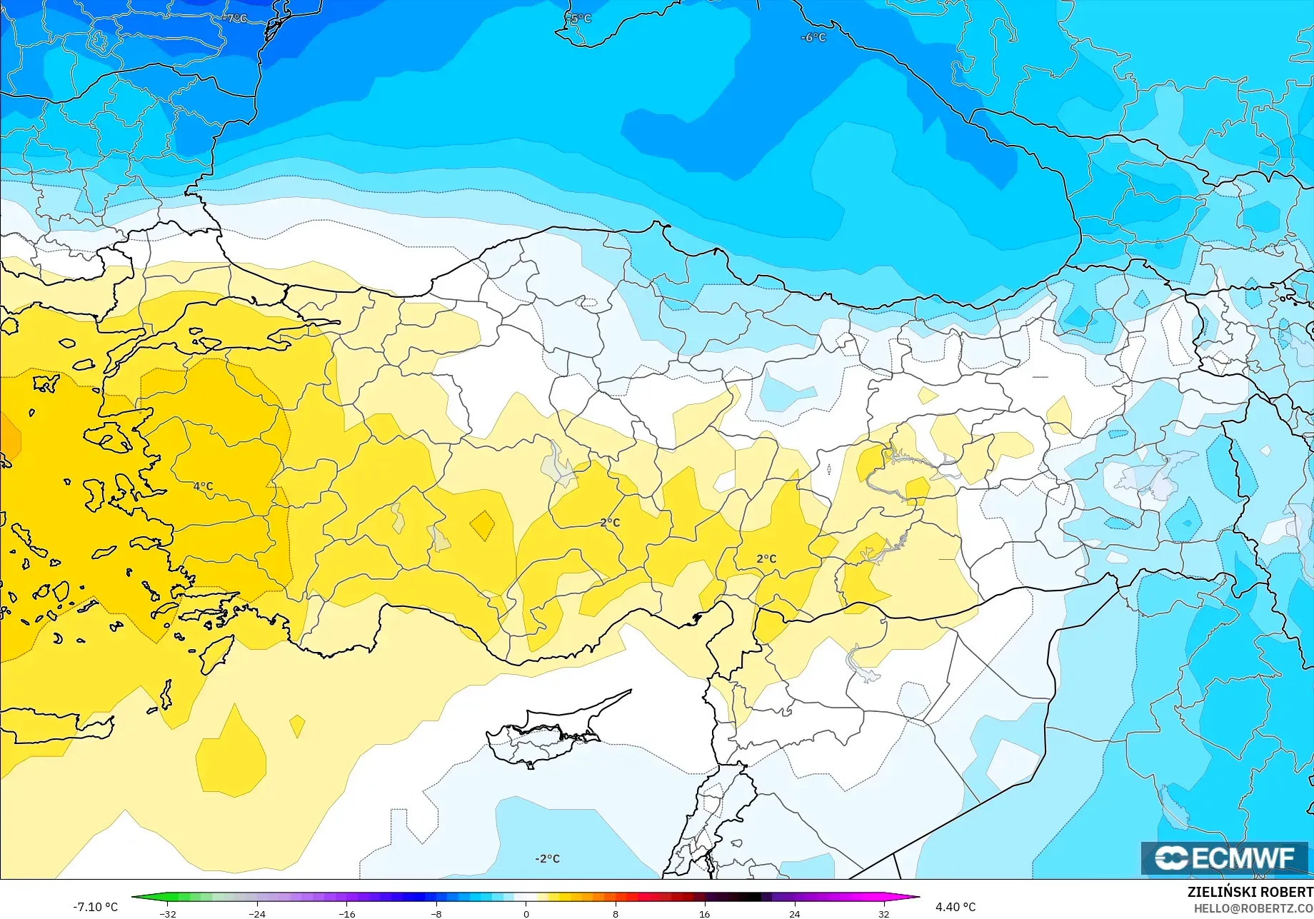 ECMWF IFS 0.25° model - Türkiye, 850 hPa Sıcaklık Anomalisi